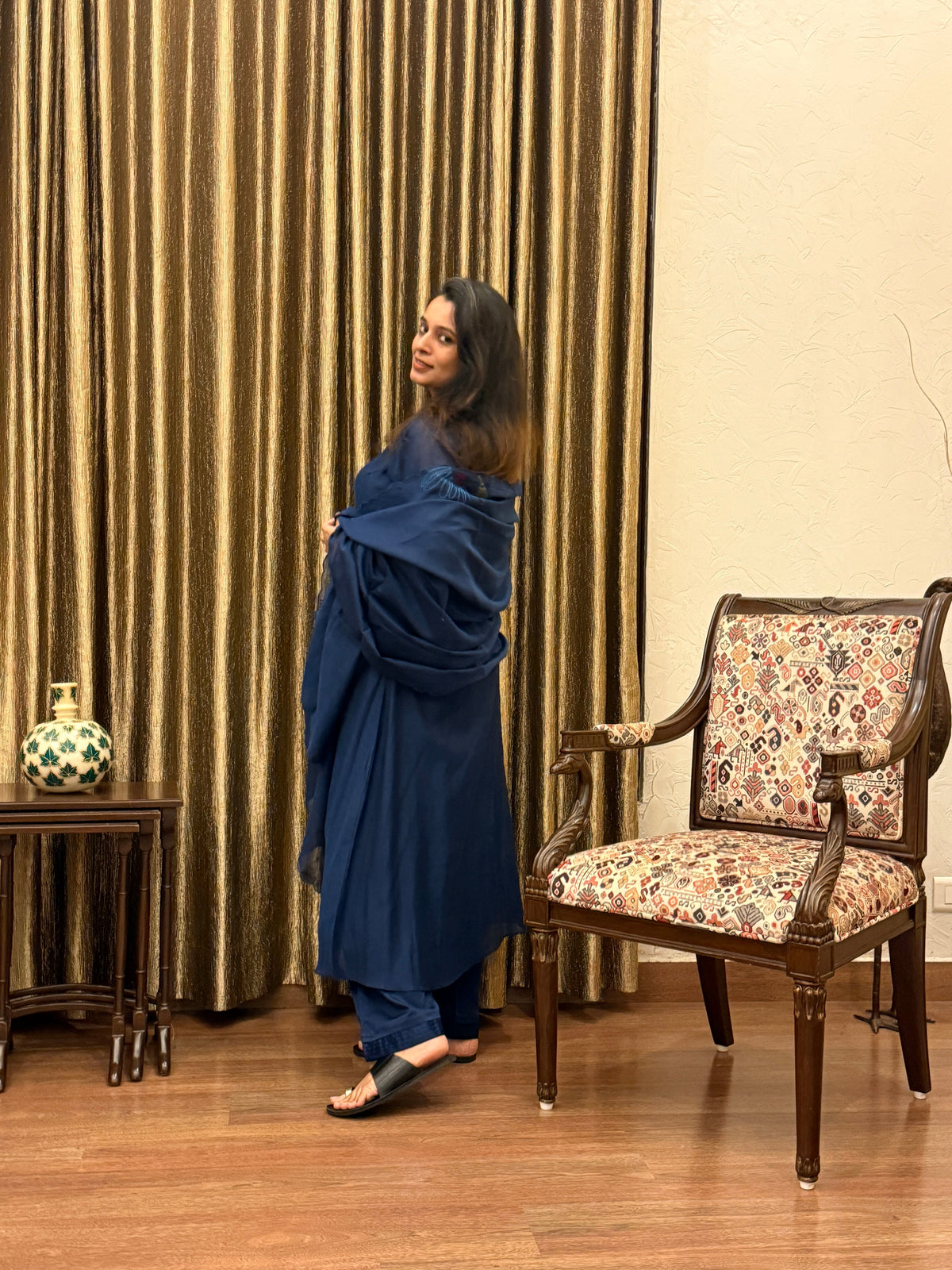 Prussian Blue Floral Appliqué Mul Chanderi Kurta Set