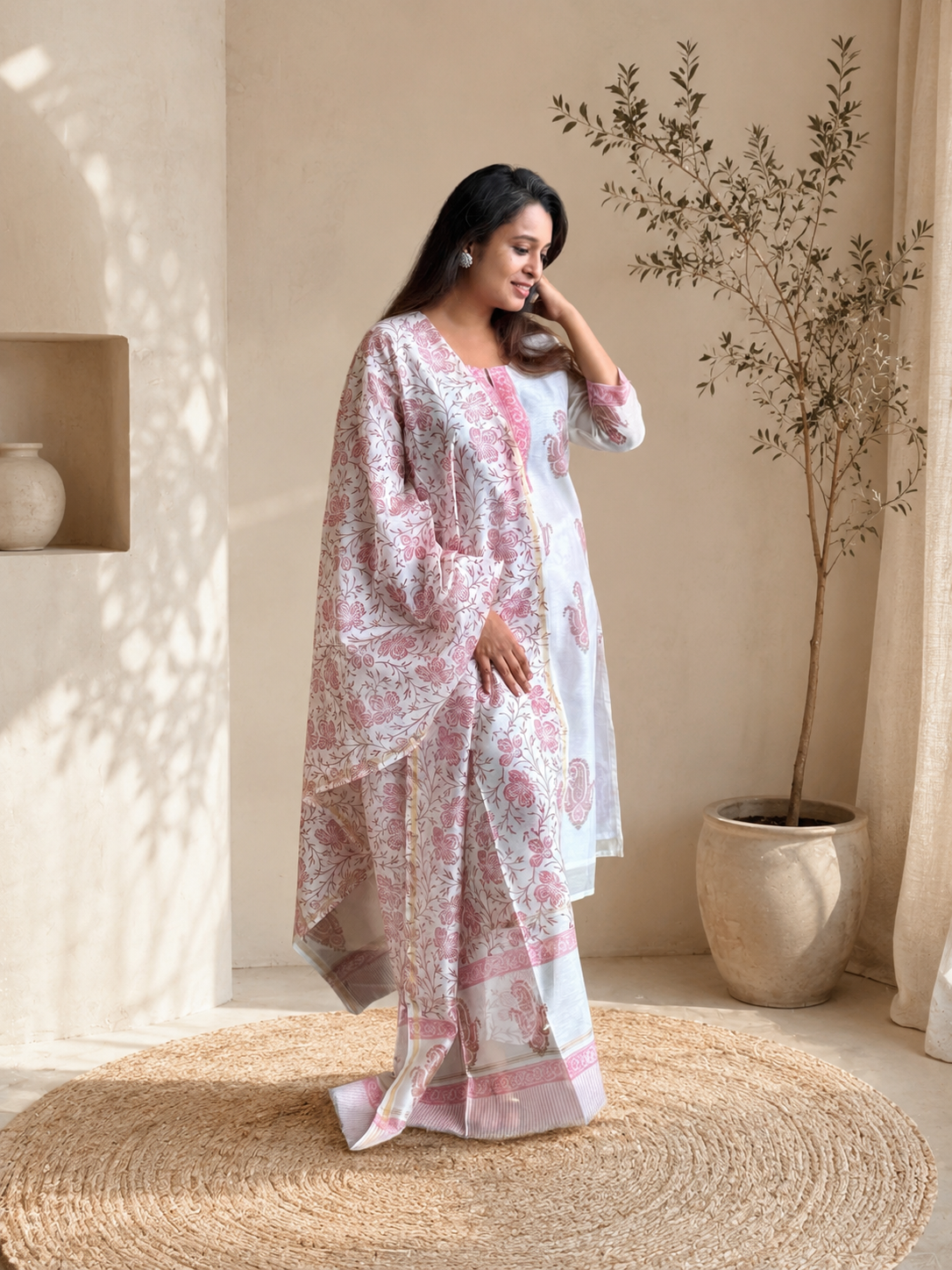 Gulbarg Chanderi Silk Kurti Pant Dupatta Set | Pink | KanthaIndia