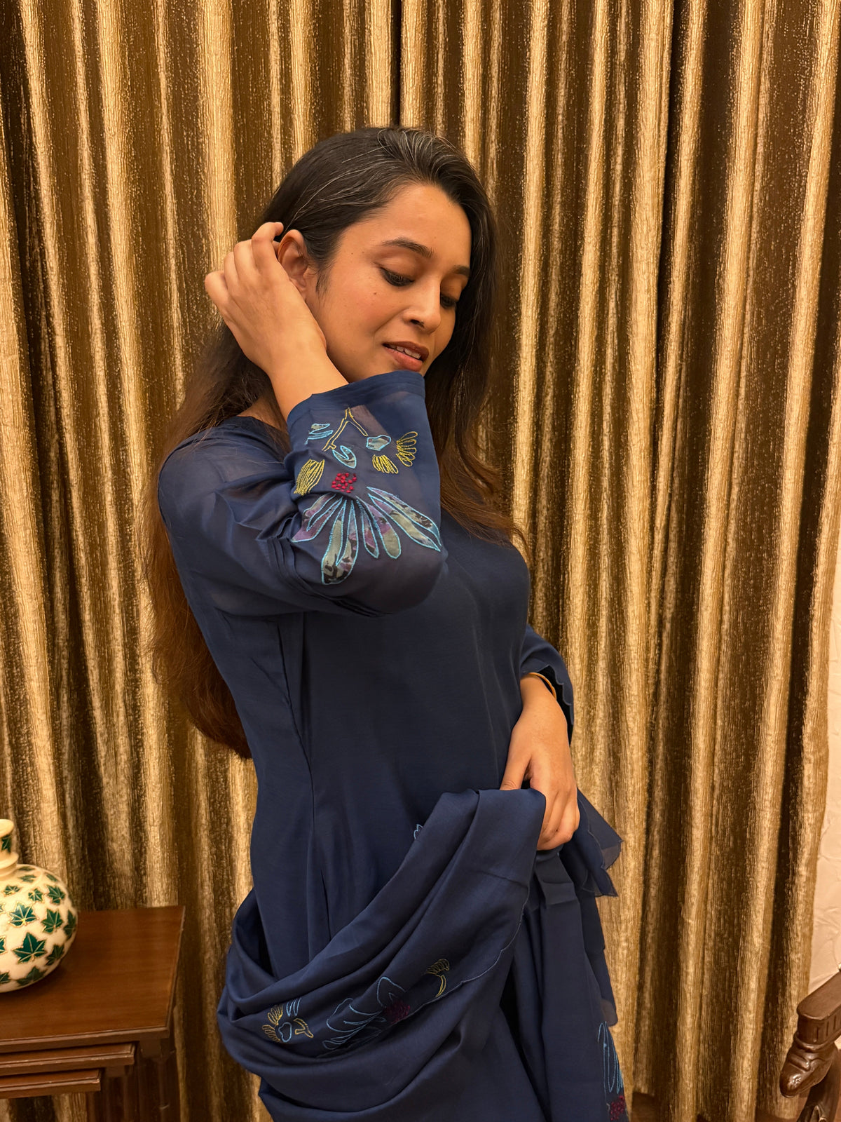 Prussian Blue Floral Appliqué Mul Chanderi Kurta Set