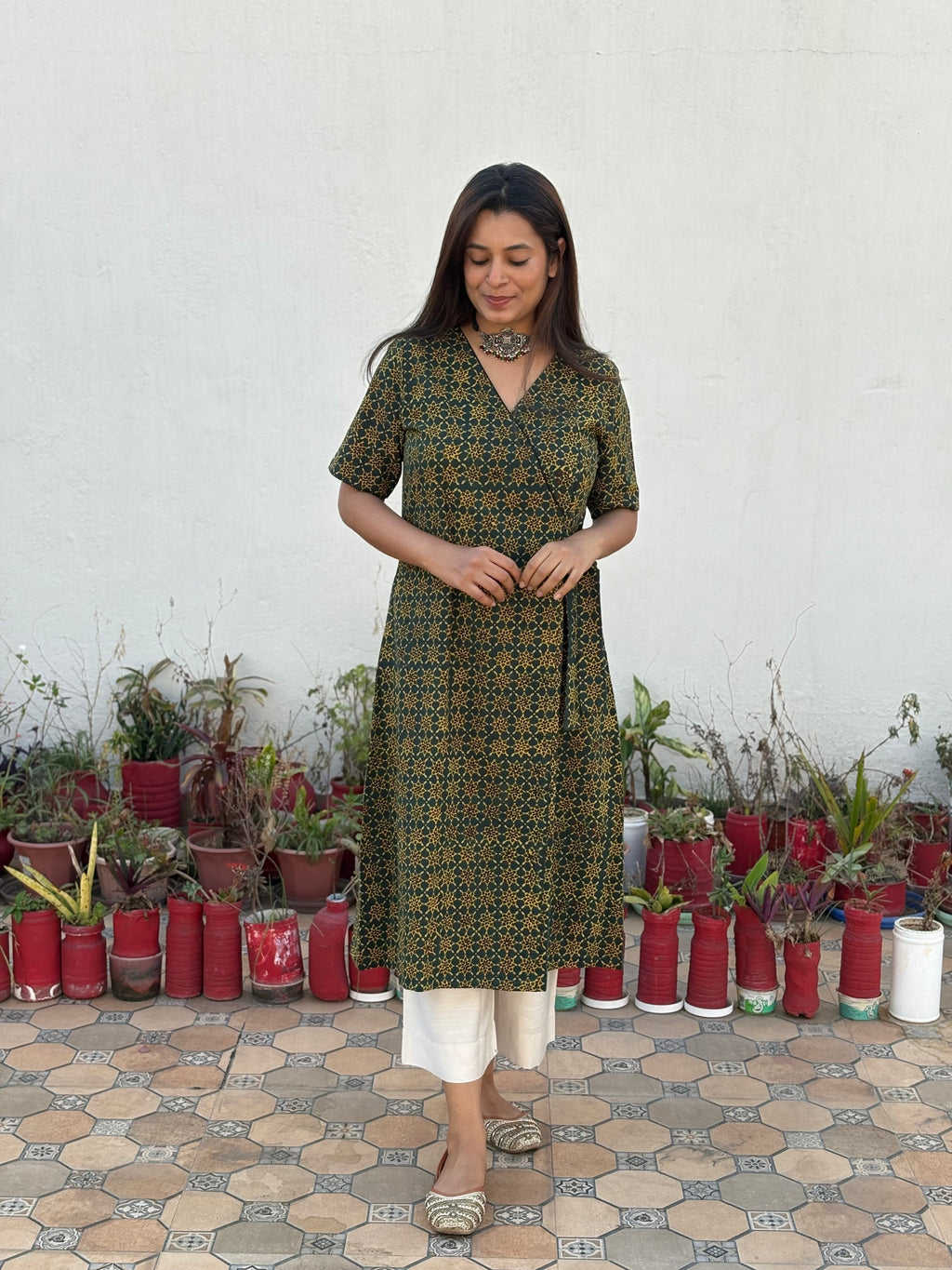 Harini Ajrakh Hand Block Printed Wrap Kurta | Green | KanthaIndia