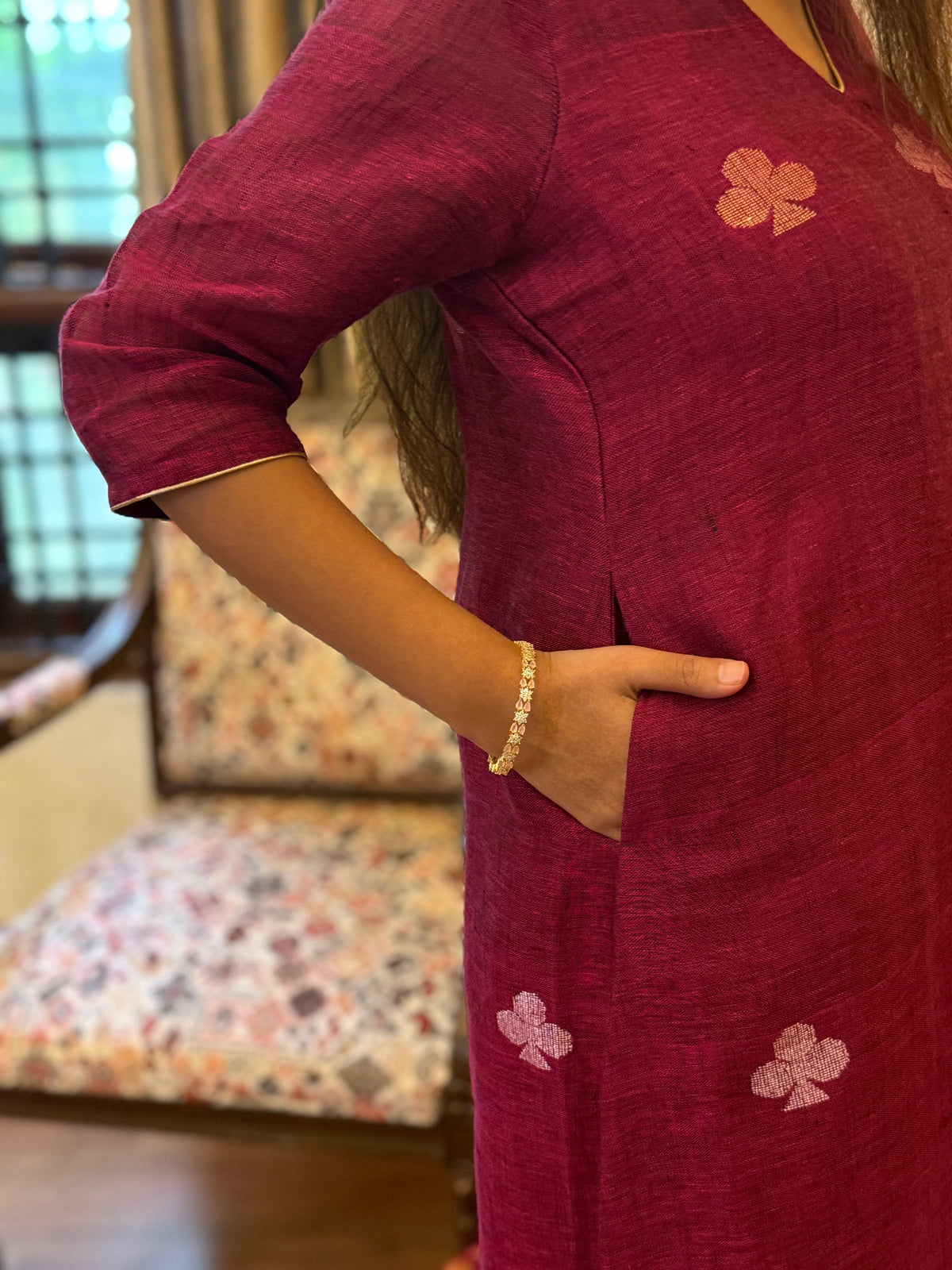 Nitya Maroon Jamdani Pan Patta Unstitched Fabric Set