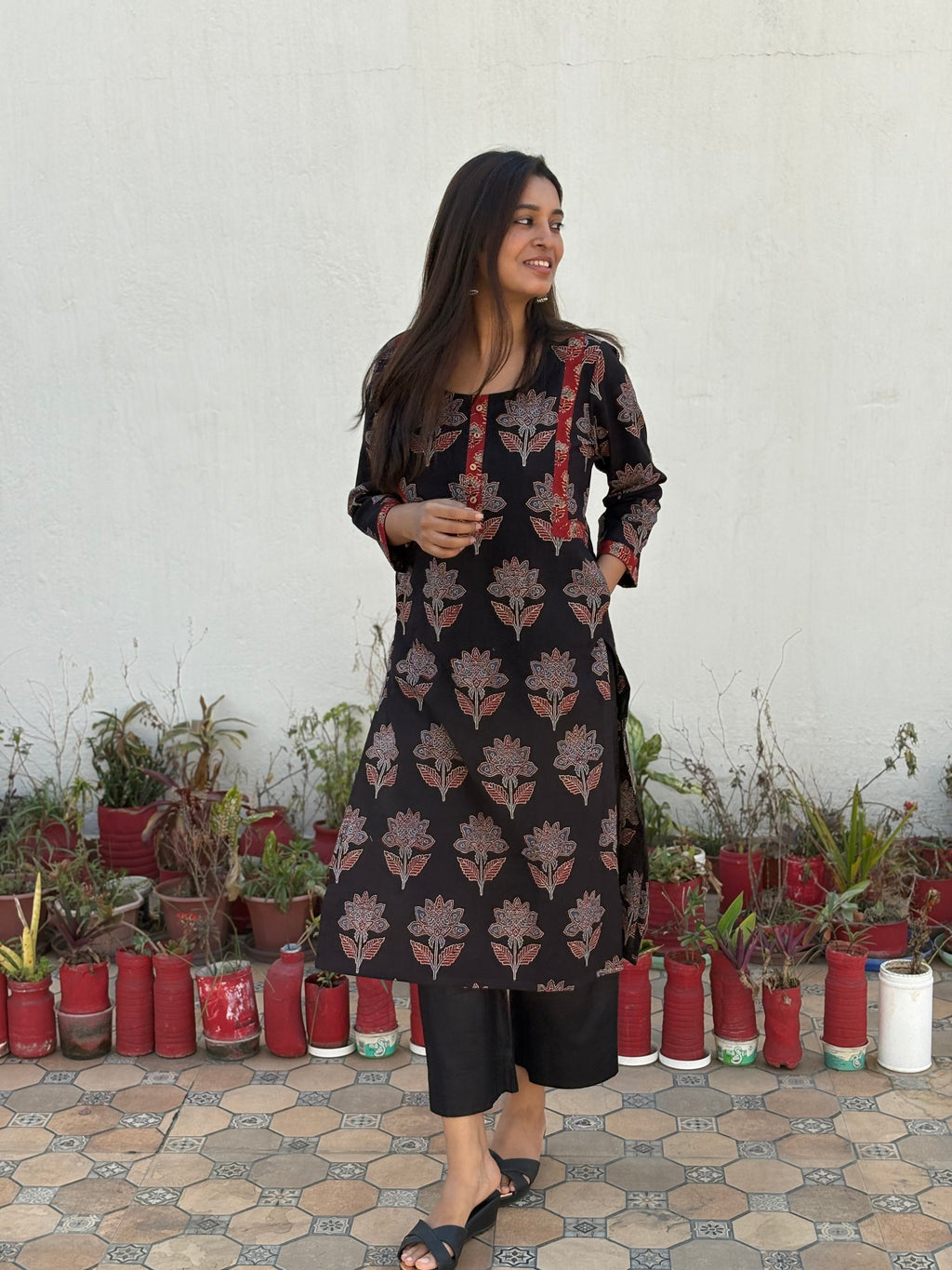 Shakti Ajrakh Hand Block Printed Cotton Kurta | Red | KanthaIndia