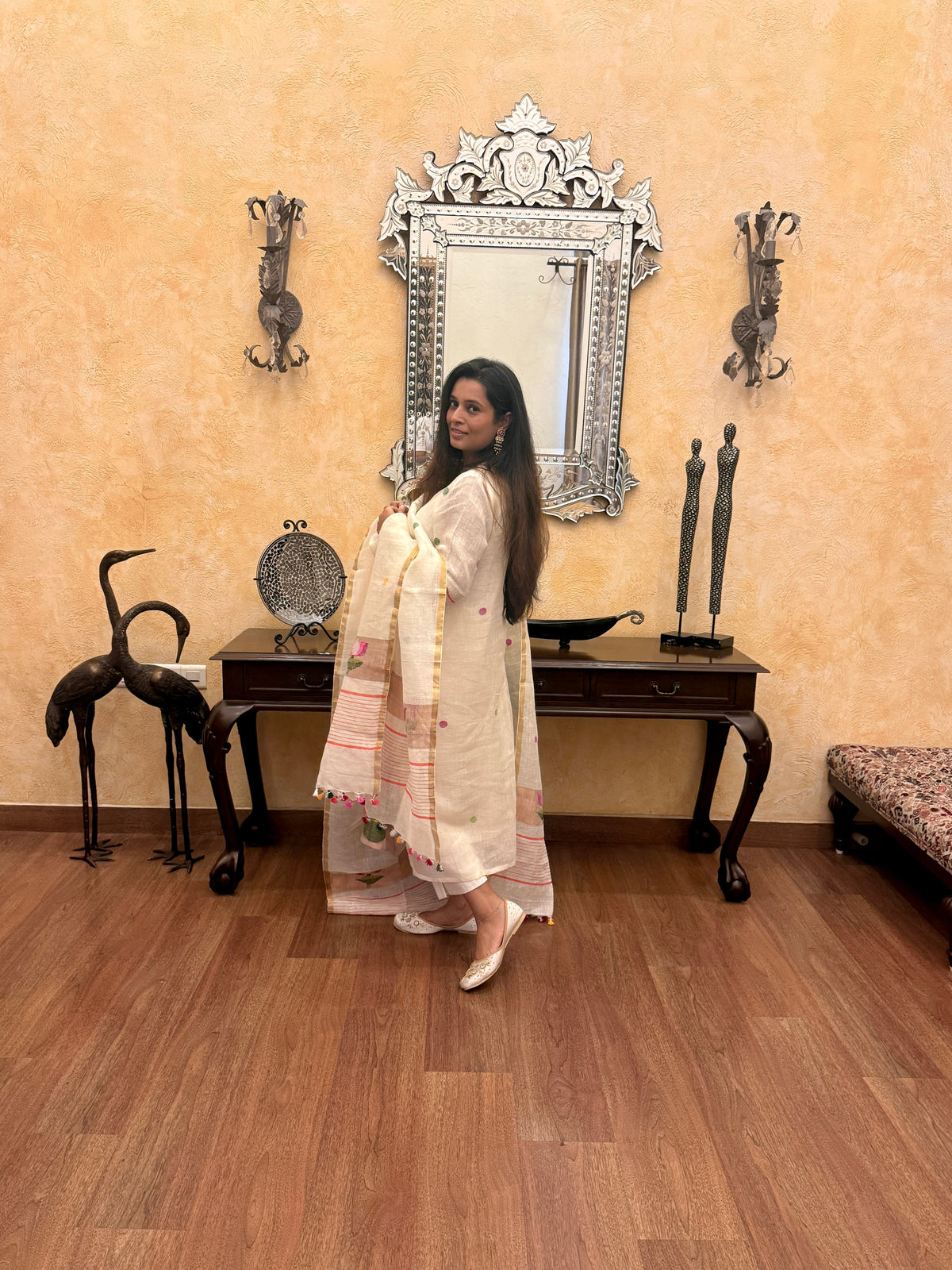 Dhara White Jamdani Paithani Dupatta Suit Set