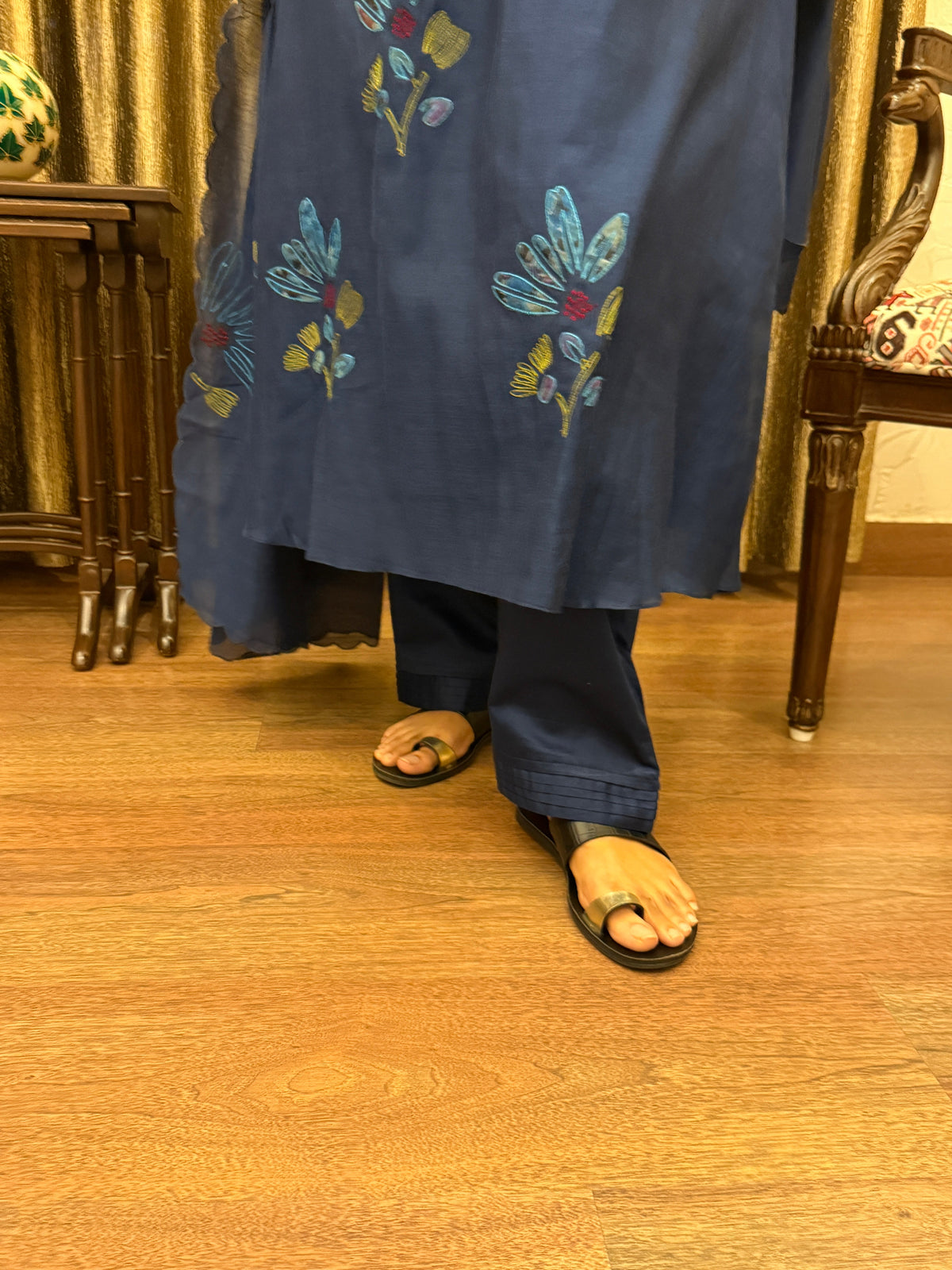 Prussian Blue Floral Appliqué Mul Chanderi Kurta Set