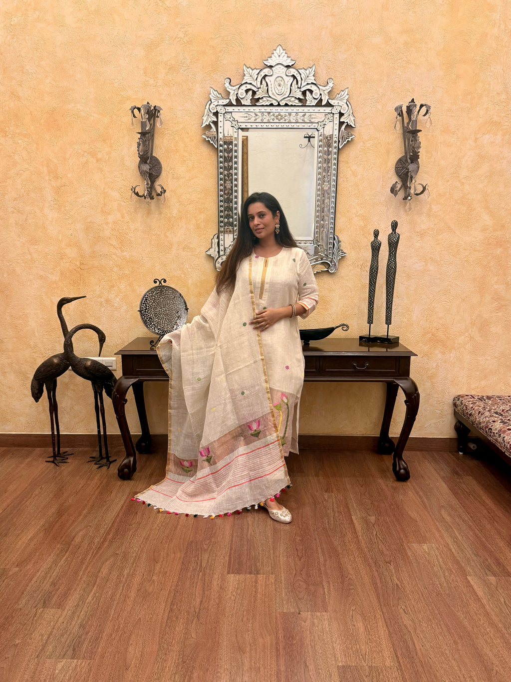 Dhara White Jamdani Paithani Dupatta Suit Set