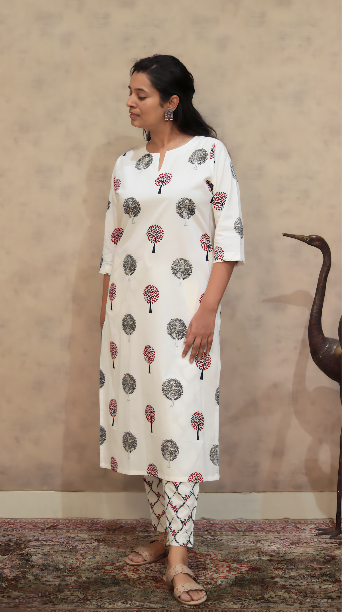 Sugar Maple Cotton Kurta Pant Set | Tree Print | KanthaIndia