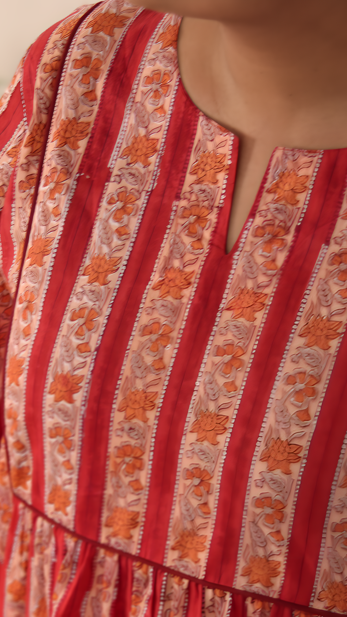 Red Hand Block Printed Cotton Kurta | Pleated with Pockets | KanthaIndia