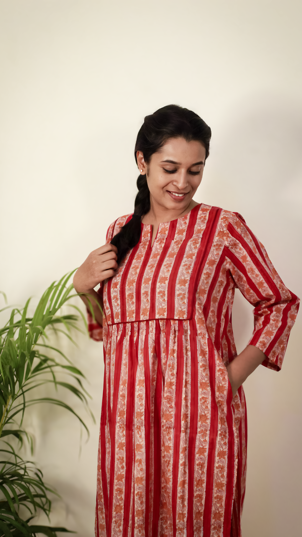Red Hand Block Printed Cotton Kurta | Pleated with Pockets | KanthaIndia