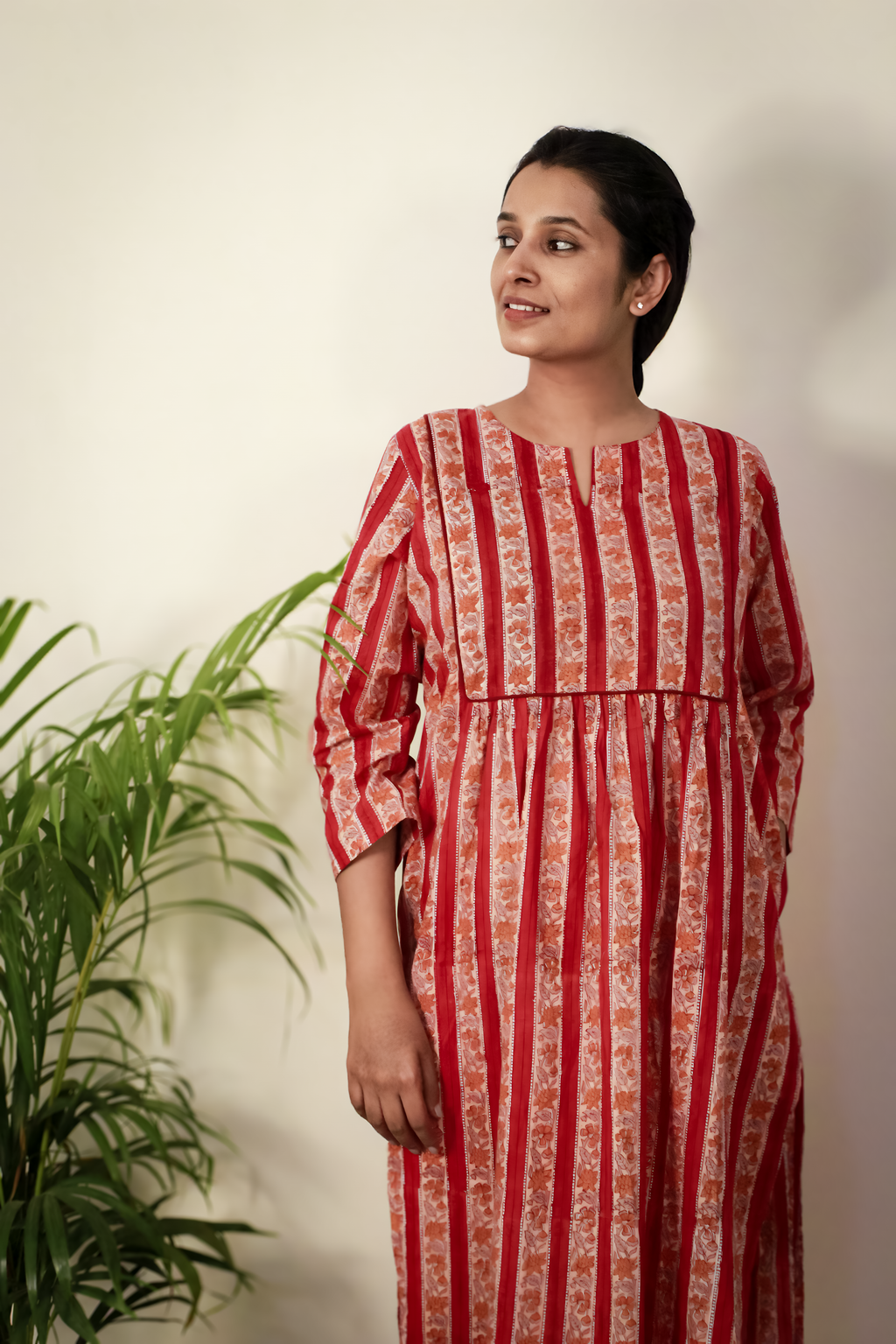 Red Hand Block Printed Cotton Kurta | Pleated with Pockets | KanthaIndia