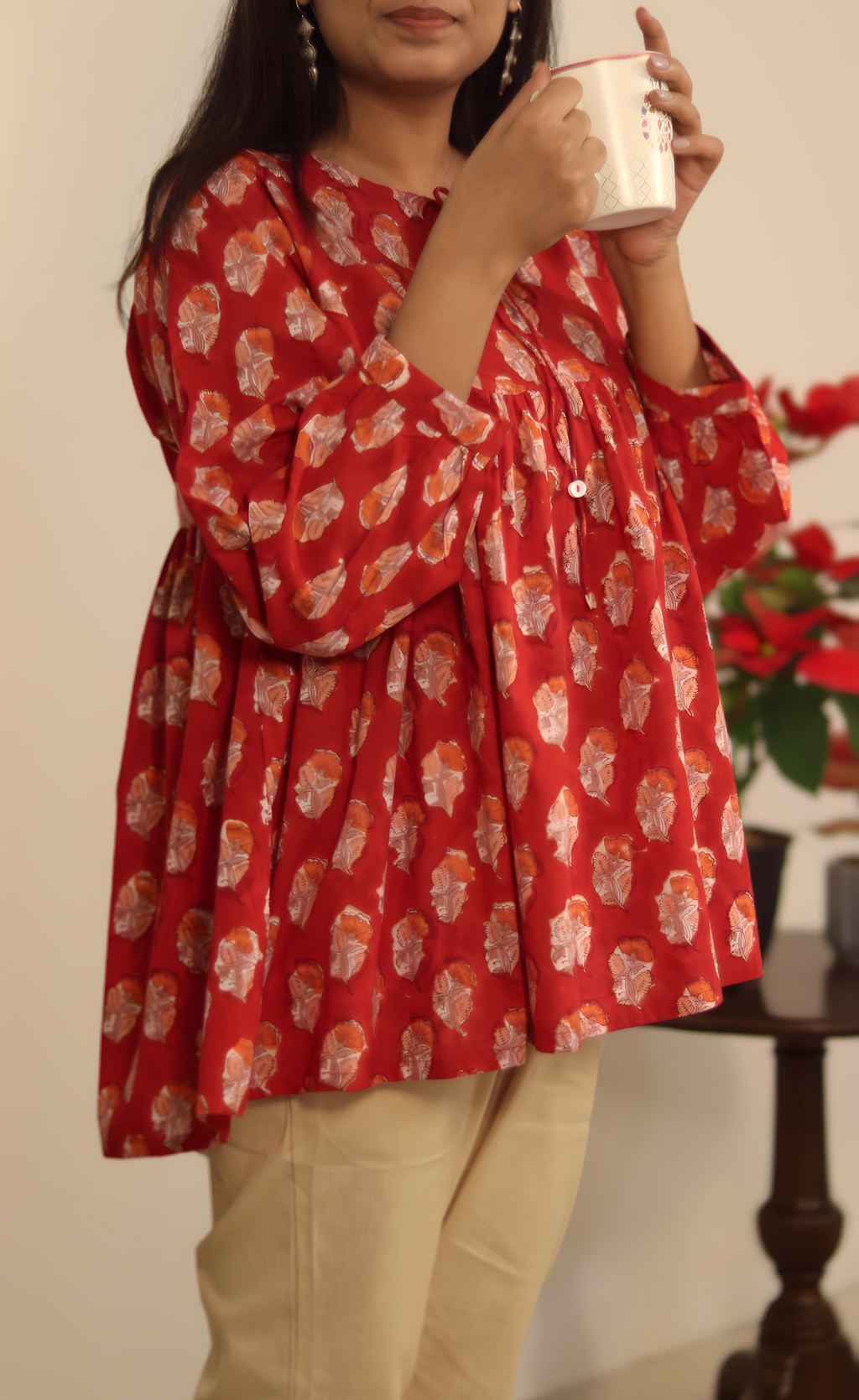 Red Hand Block Printed Cotton Short Top | Jaipur | KanthaIndia