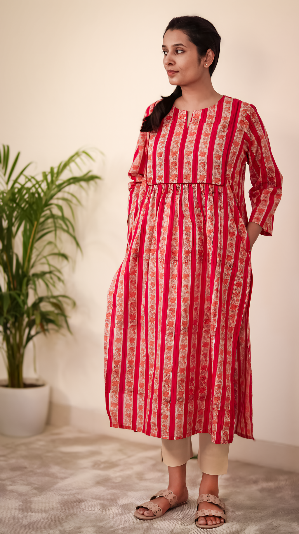 Red Hand Block Printed Cotton Kurta | Pleated with Pockets | KanthaIndia