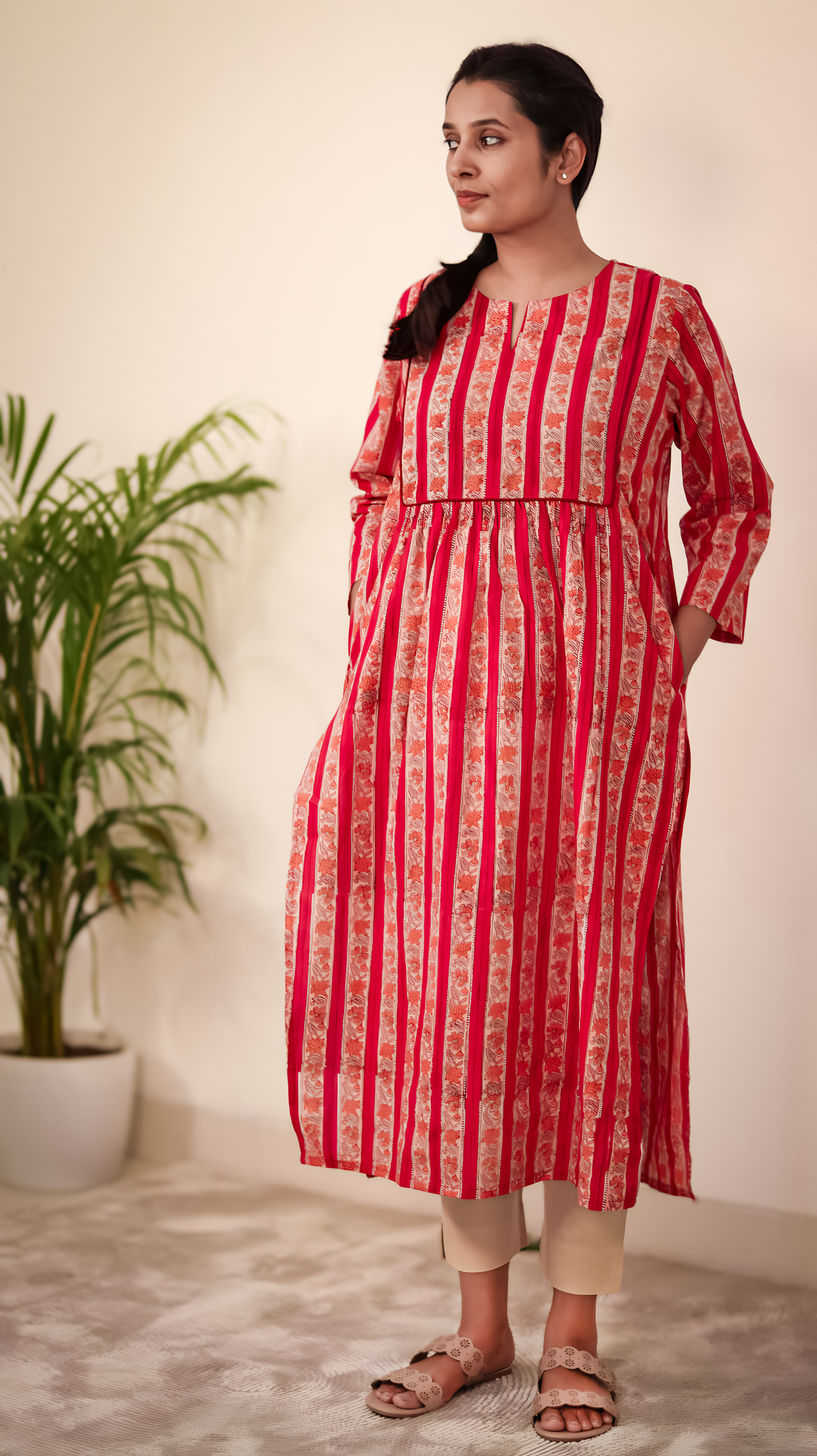 Red Hand Block Printed Cotton Kurta | Pleated with Pockets | KanthaIndia