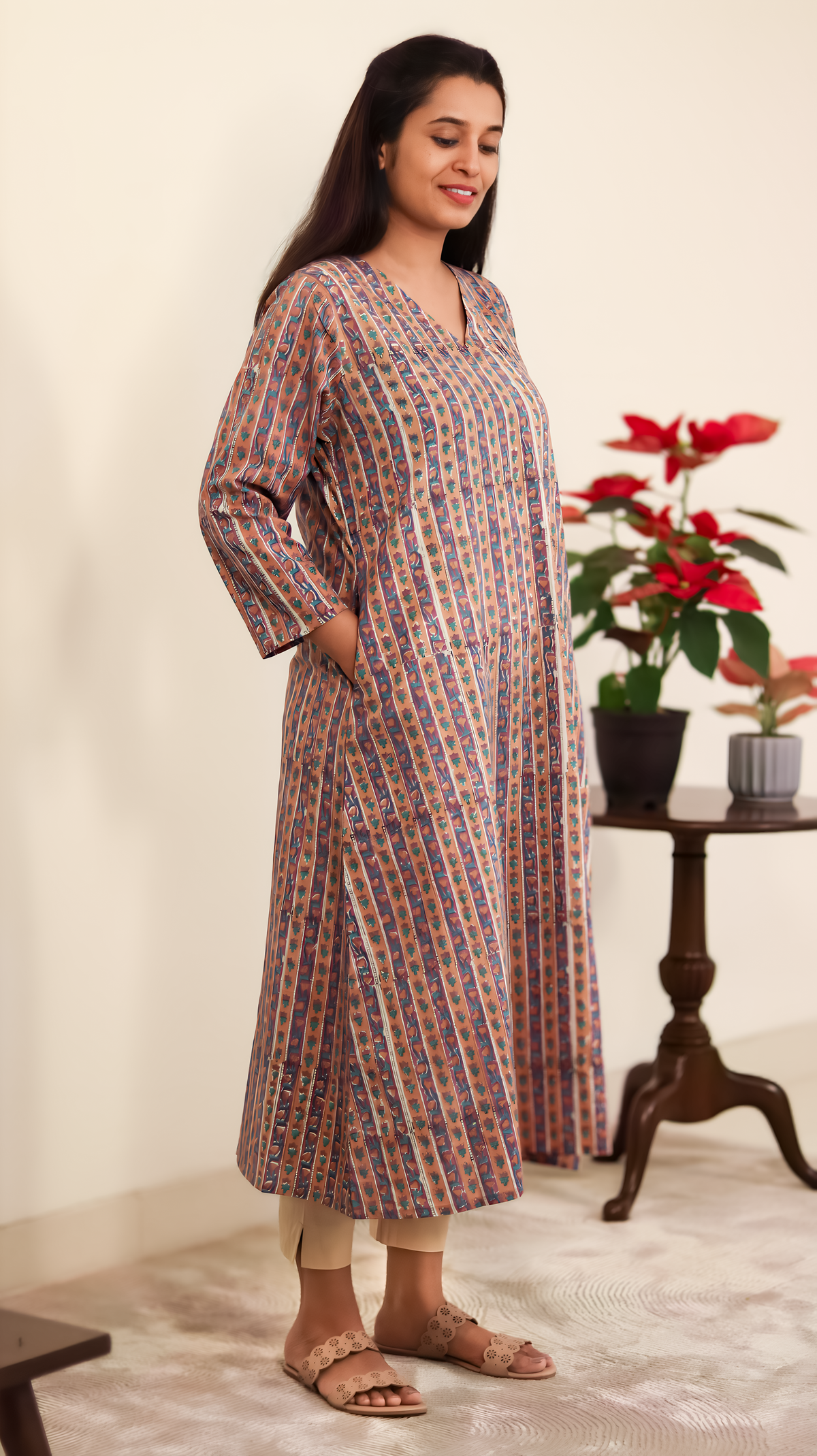 Cotton Hand Block Printed Kurta - Beige