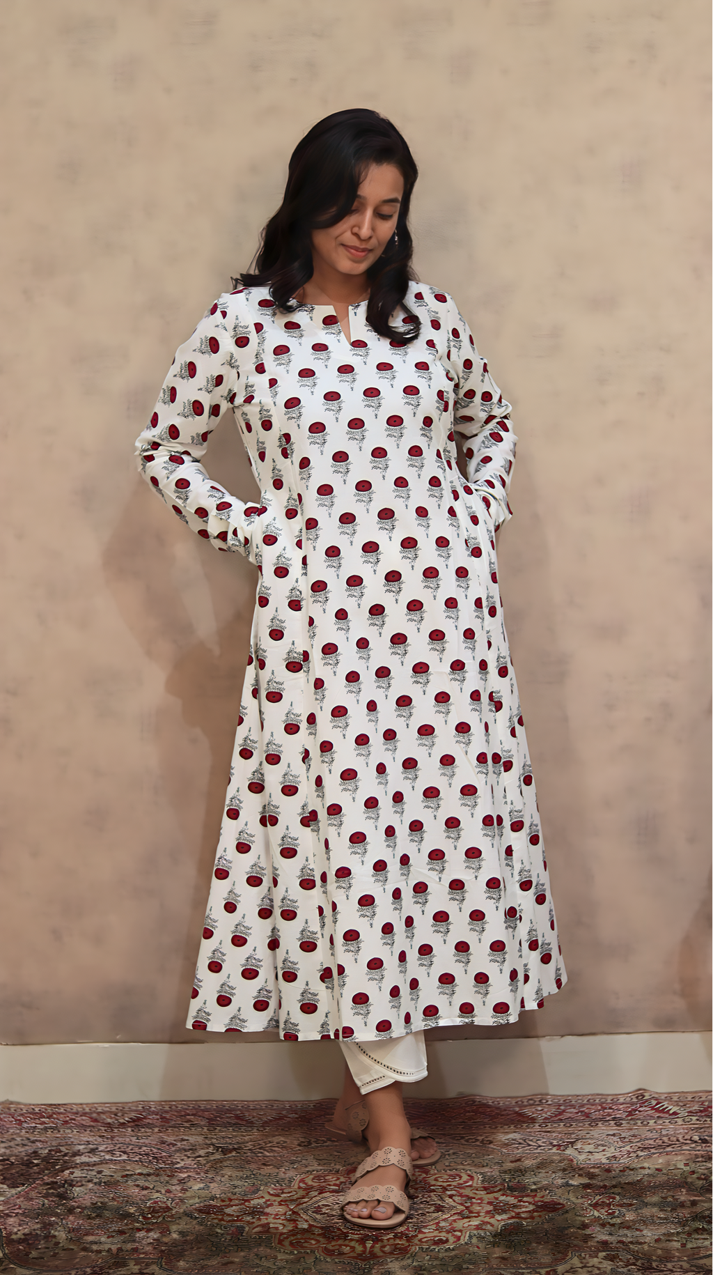 Red Poppy Anarkali Kurti | Pure Cotton | KanthaIndia