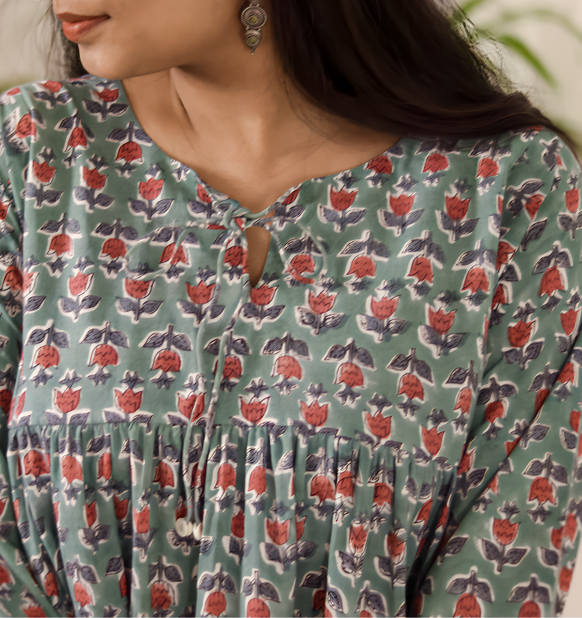 Green Hand Block Printed Cotton Top | Natural Dye | KanthaIndia