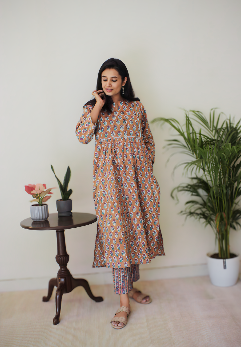 Beige Hand Block Printed Cotton Kurta Set | Clearance Sale | KanthaIndia