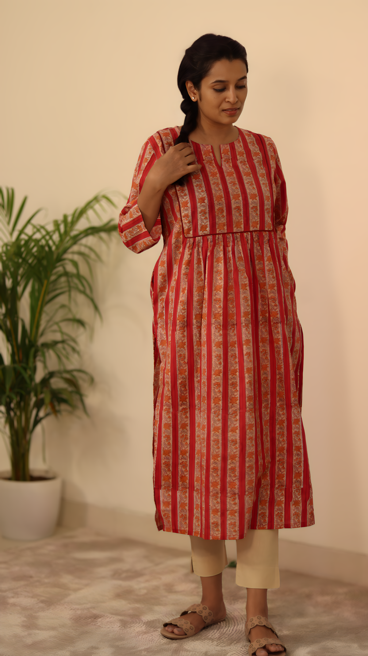 Red Hand Block Printed Cotton Kurta | Pleated with Pockets | KanthaIndia