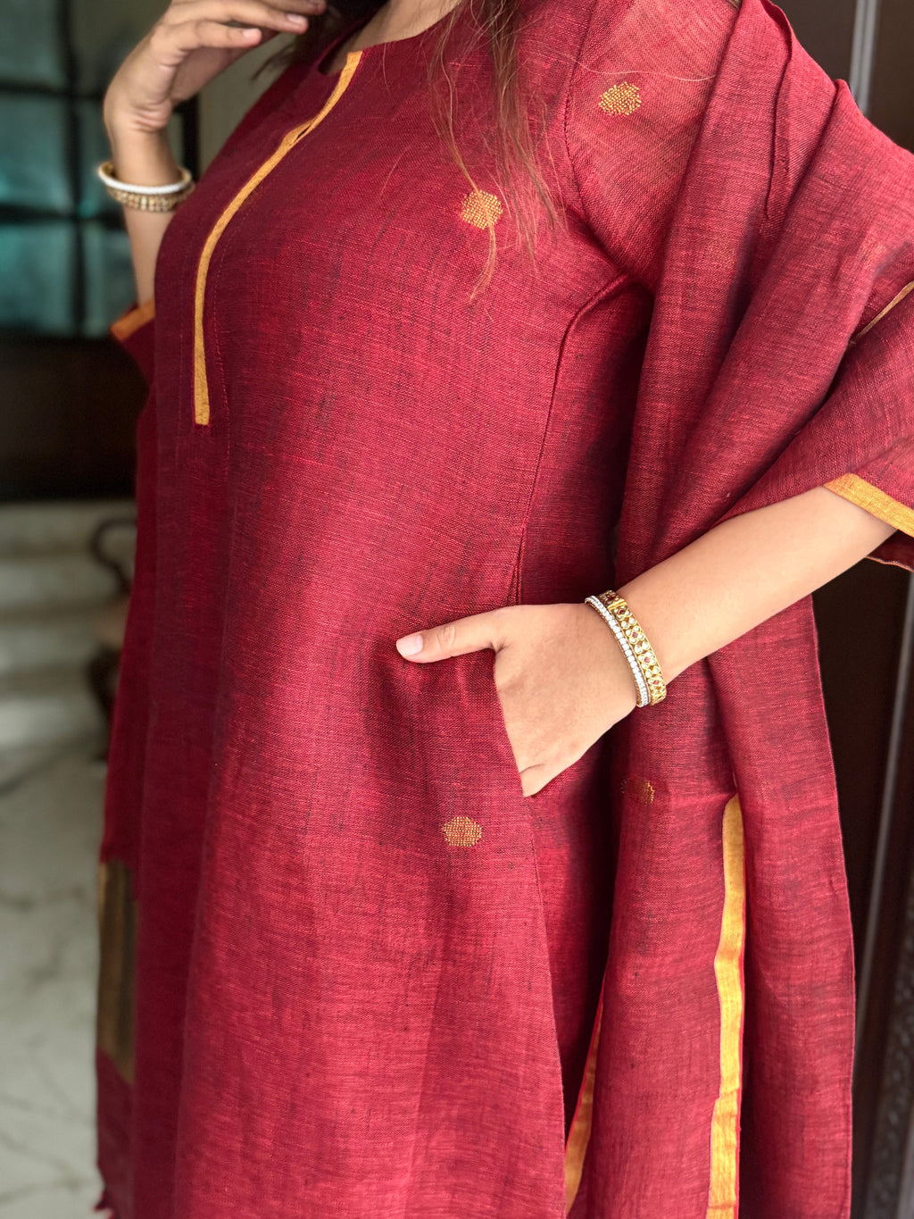 Shanti Red Jamdani Unstitched Fabric Set