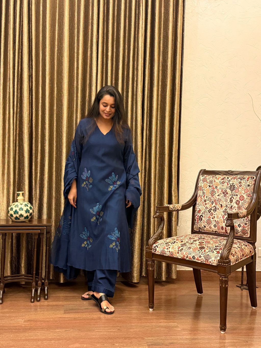 Prussian Blue Floral Appliqué Mul Chanderi Kurta Set