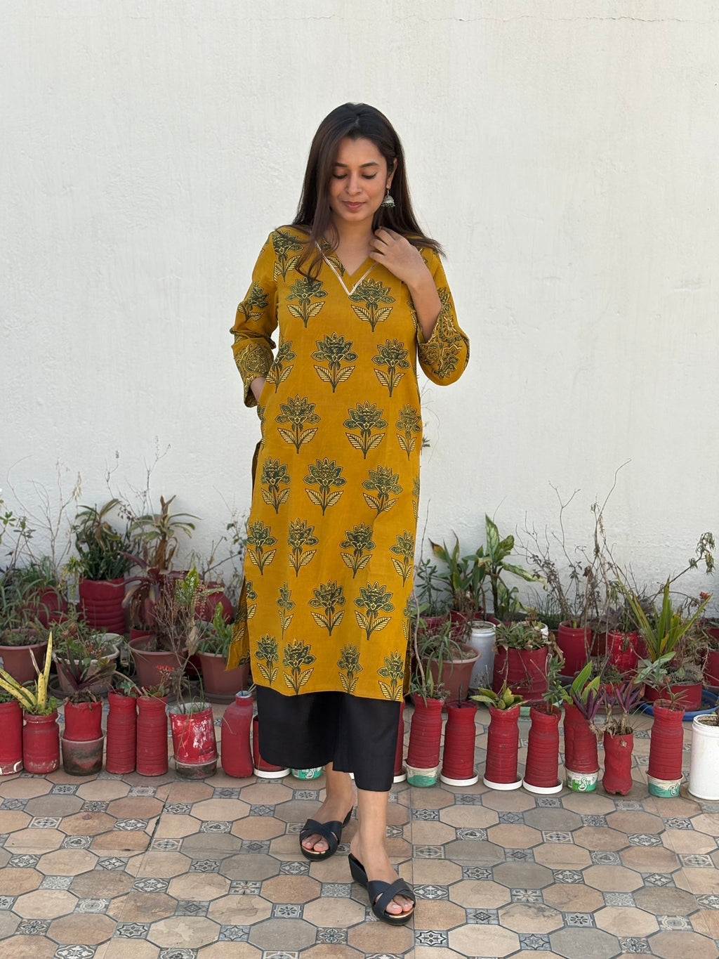 Surya Prabha Ajrakh Hand Block Printed Cotton Kurta | KanthaIndia