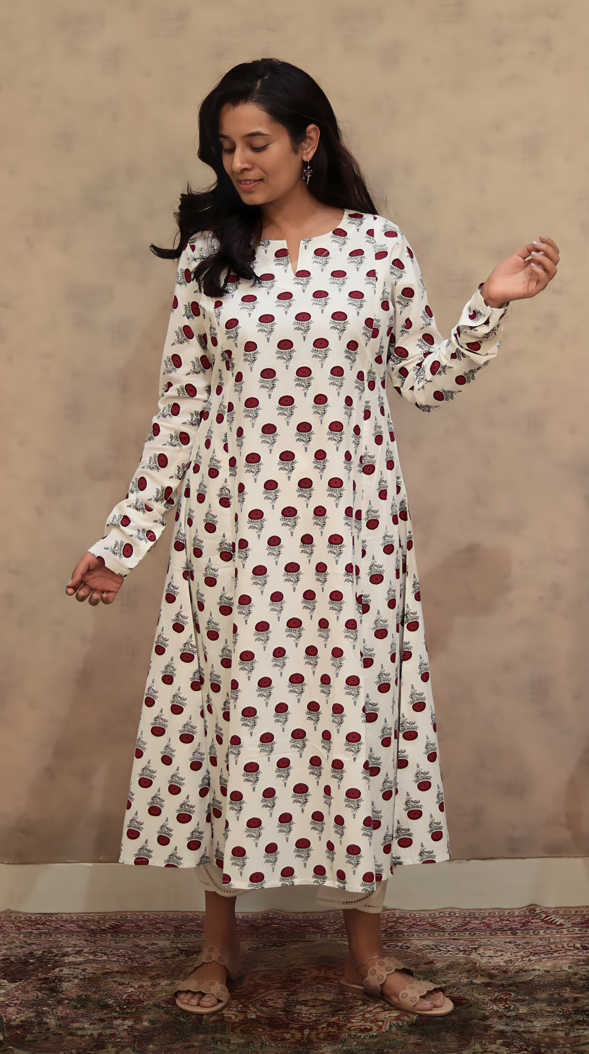 Red Poppy Anarkali Kurti | Pure Cotton | KanthaIndia