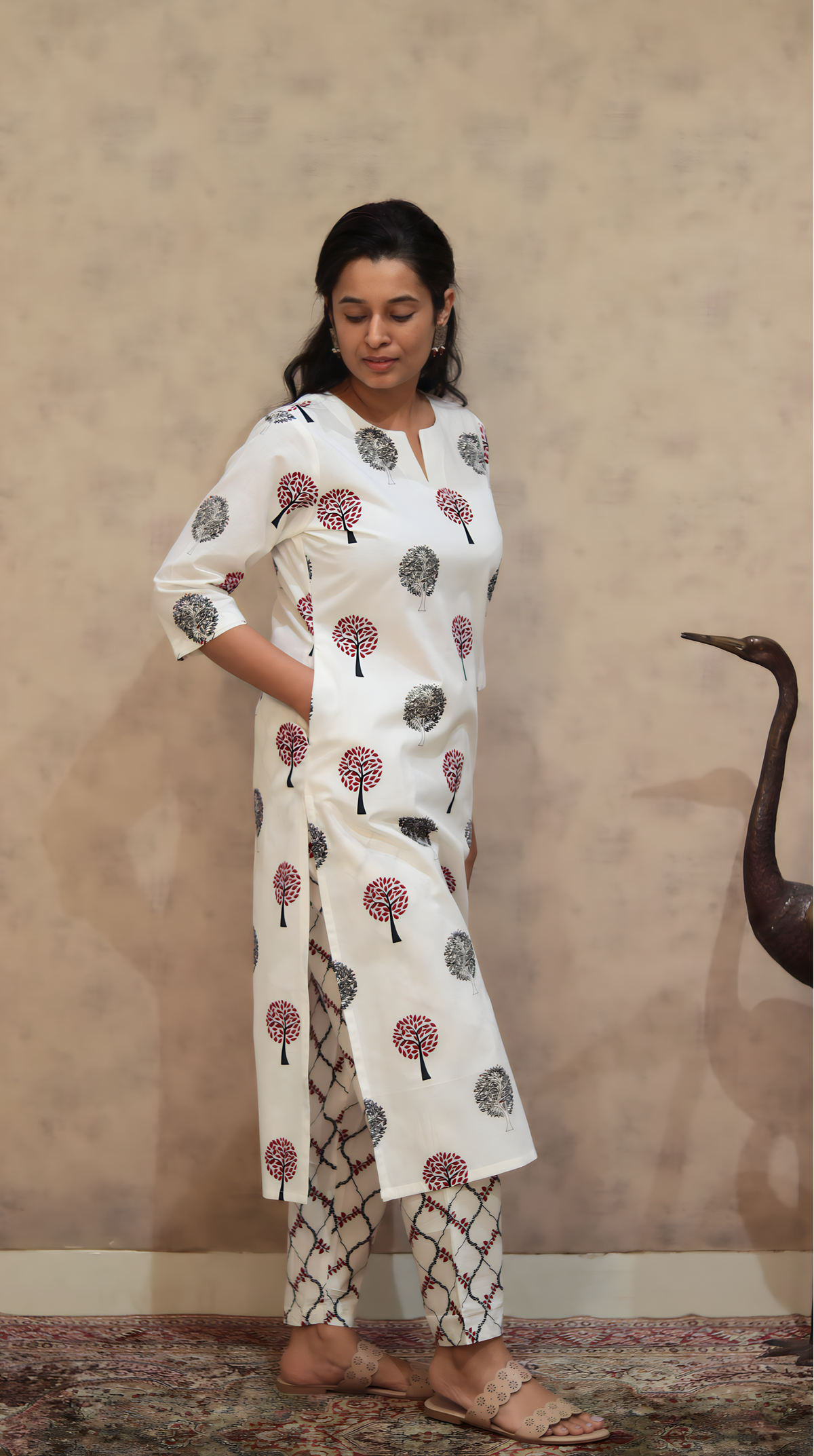 Sugar Maple Cotton Kurta Pant Set | Tree Print | KanthaIndia