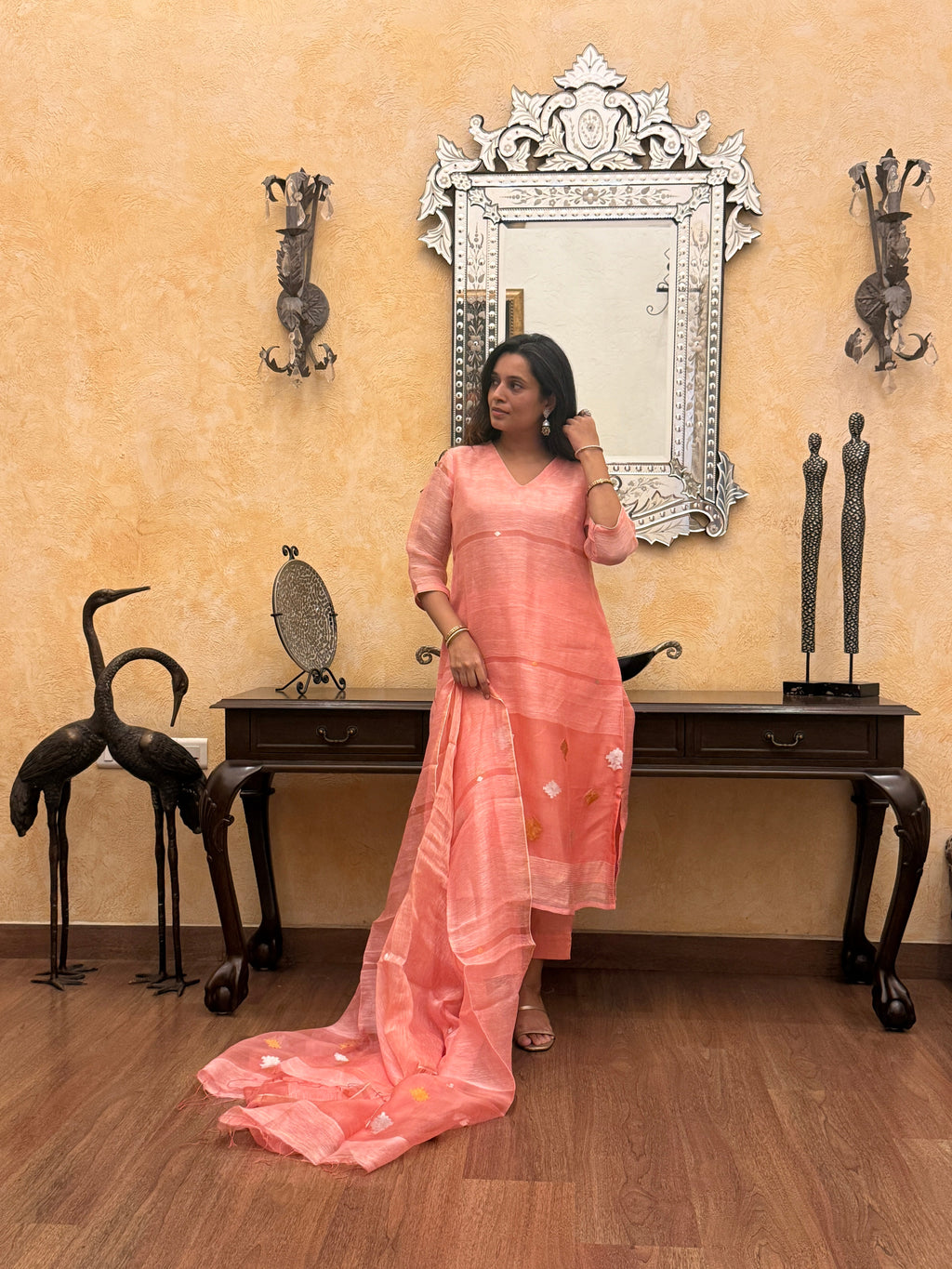 Aarambh Pink Jamdani Linen Silk Dupatta Suit Set