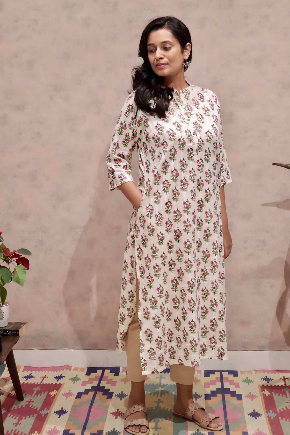 Pink Floral Cotton Kurti | Pure Cotton | KanthaIndia