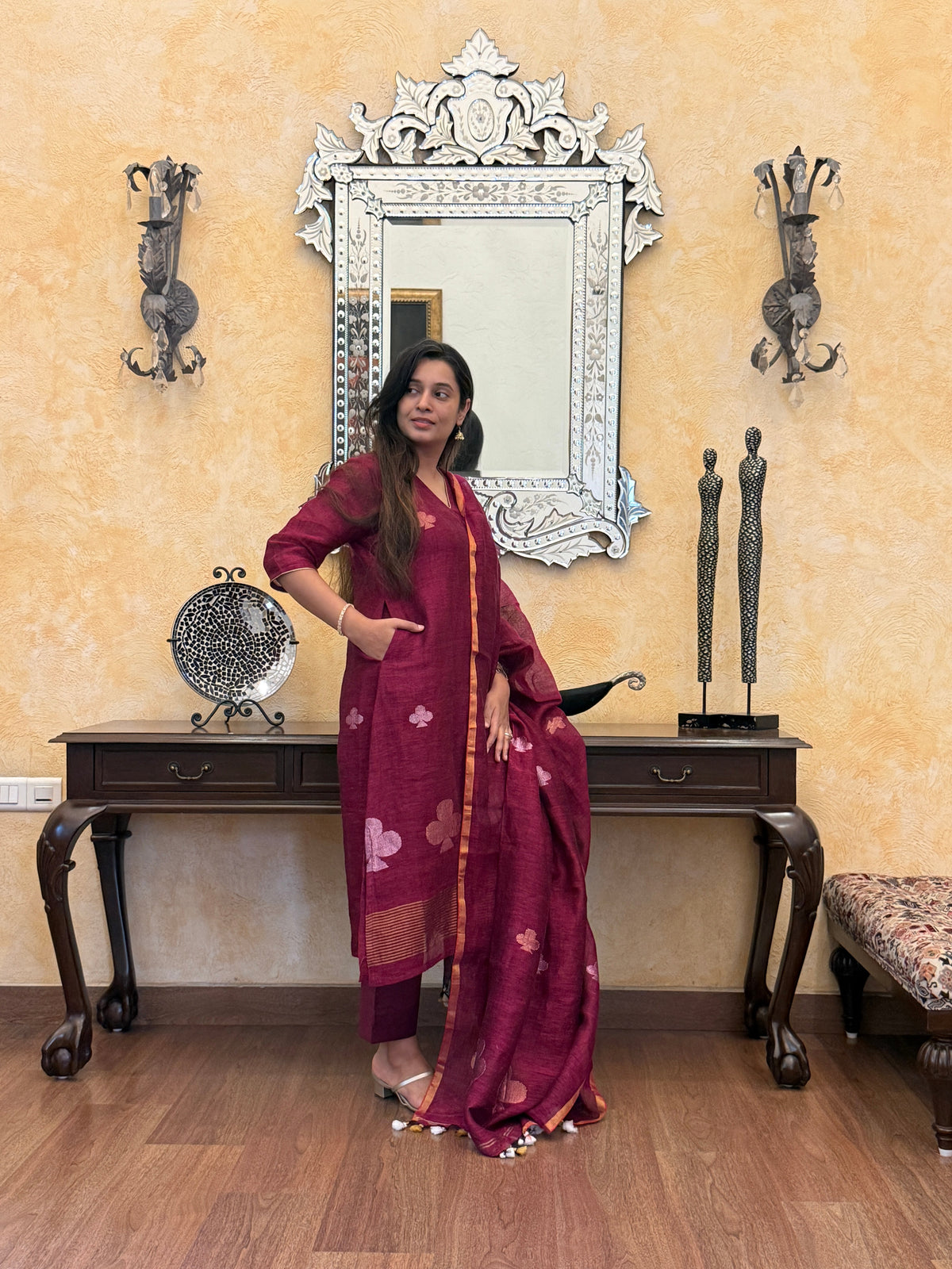Nitya Maroon Jamdani Pan Patta Dupatta Suit Set