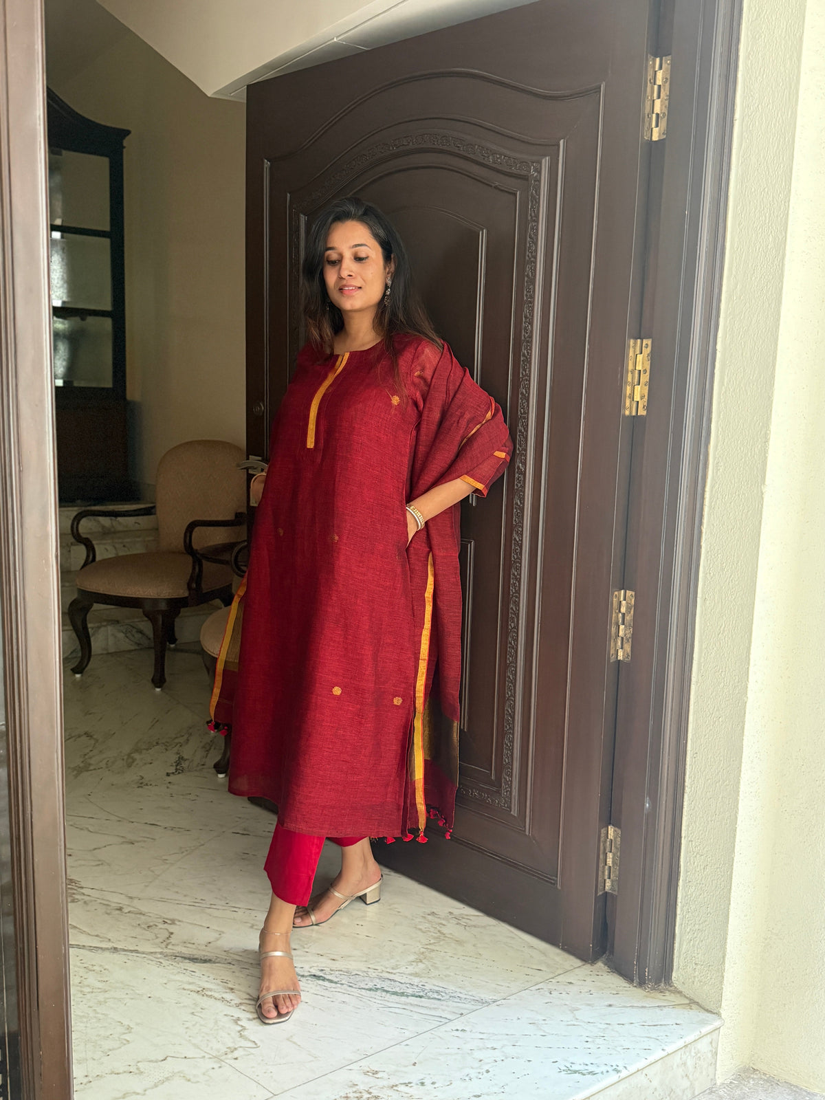 Shanti Red Jamdani Unstitched Fabric Set