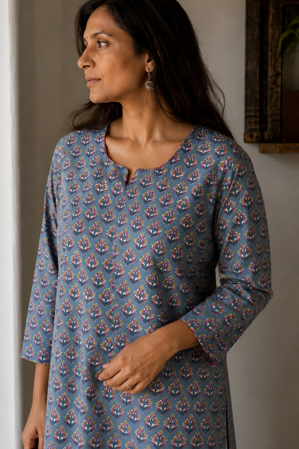 Santosha Hand Block Printed Cotton Short Kurta | Blue Motif | KanthaIndia