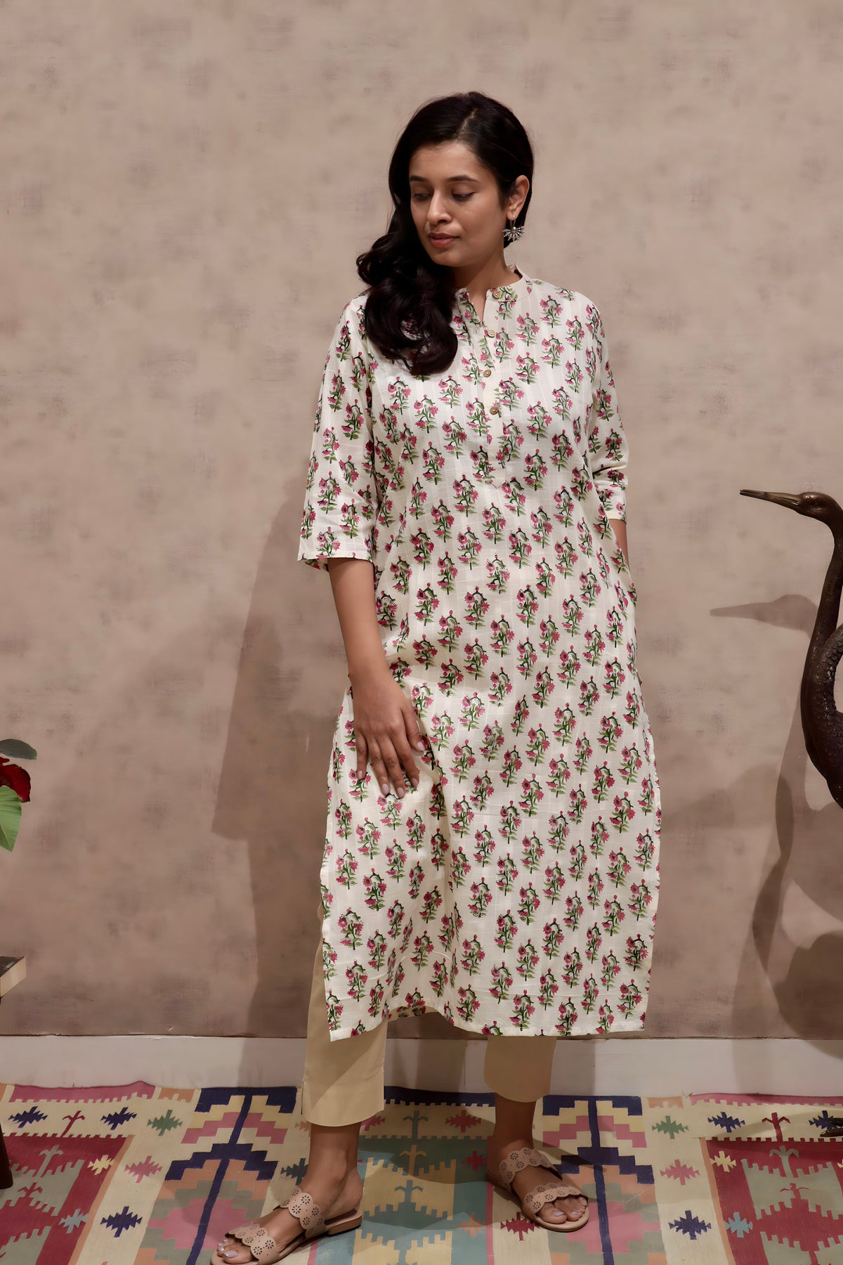 Pink Floral Cotton Kurti | Pure Cotton | KanthaIndia