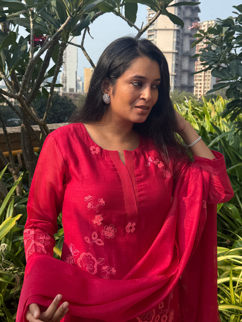 Scarlet Red Floral Appliqué Mul Chanderi Kurta Set