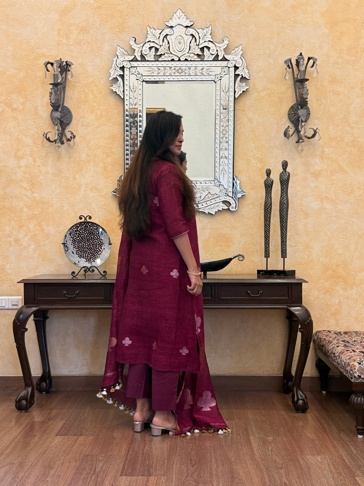 Nitya Maroon Jamdani Pan Patta Unstitched Fabric Set