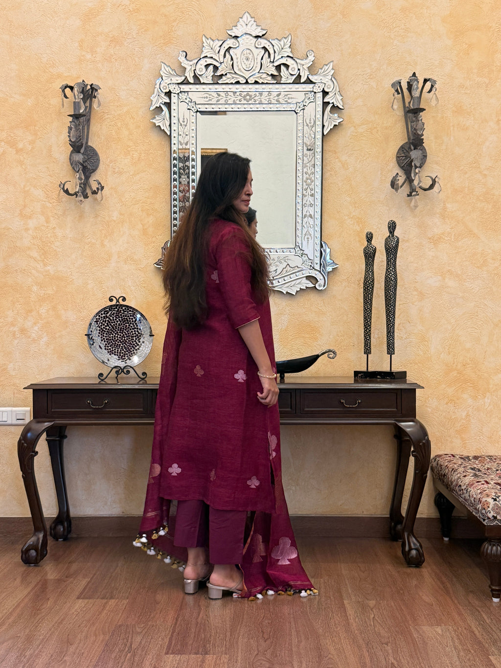 Nitya Maroon Jamdani Pan Patta Dupatta Suit Set