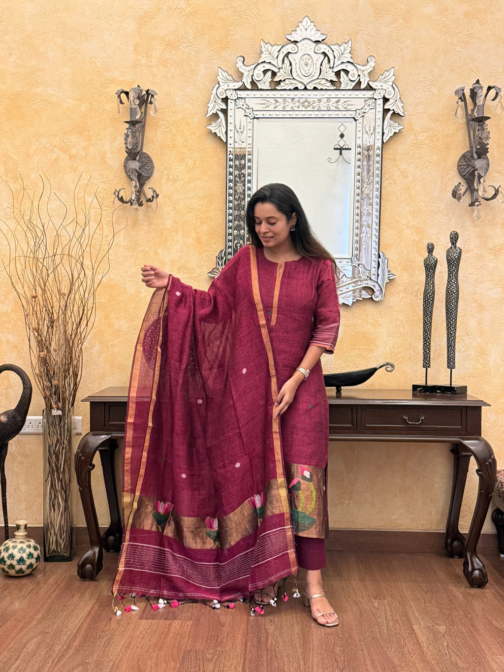 Antara Maroon Jamdani Paithani Unstitched Fabric Set
