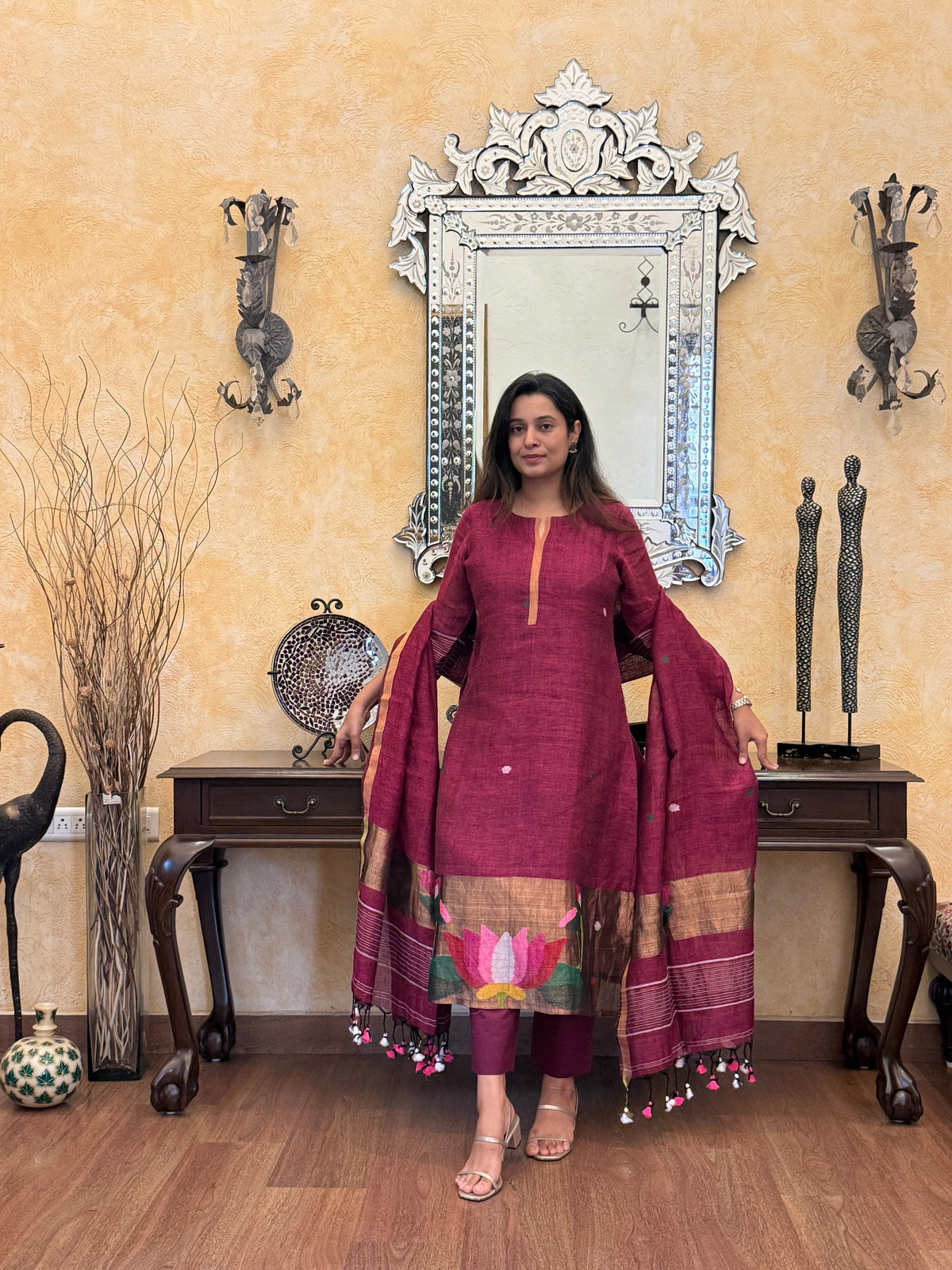 Antara Maroon Jamdani Paithani Dupatta Suit Set