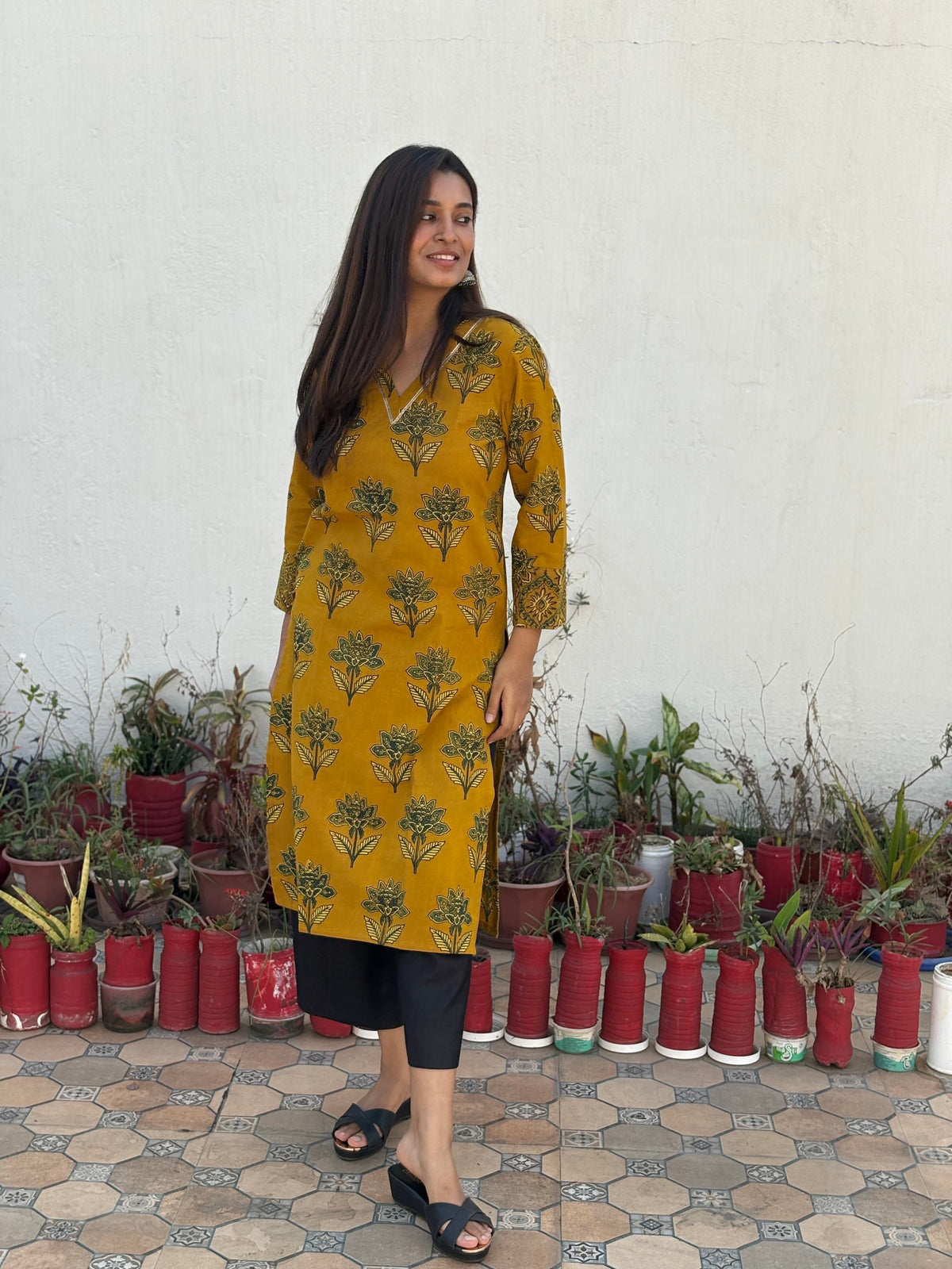 Surya Prabha Ajrakh Hand Block Printed Cotton Kurta | KanthaIndia