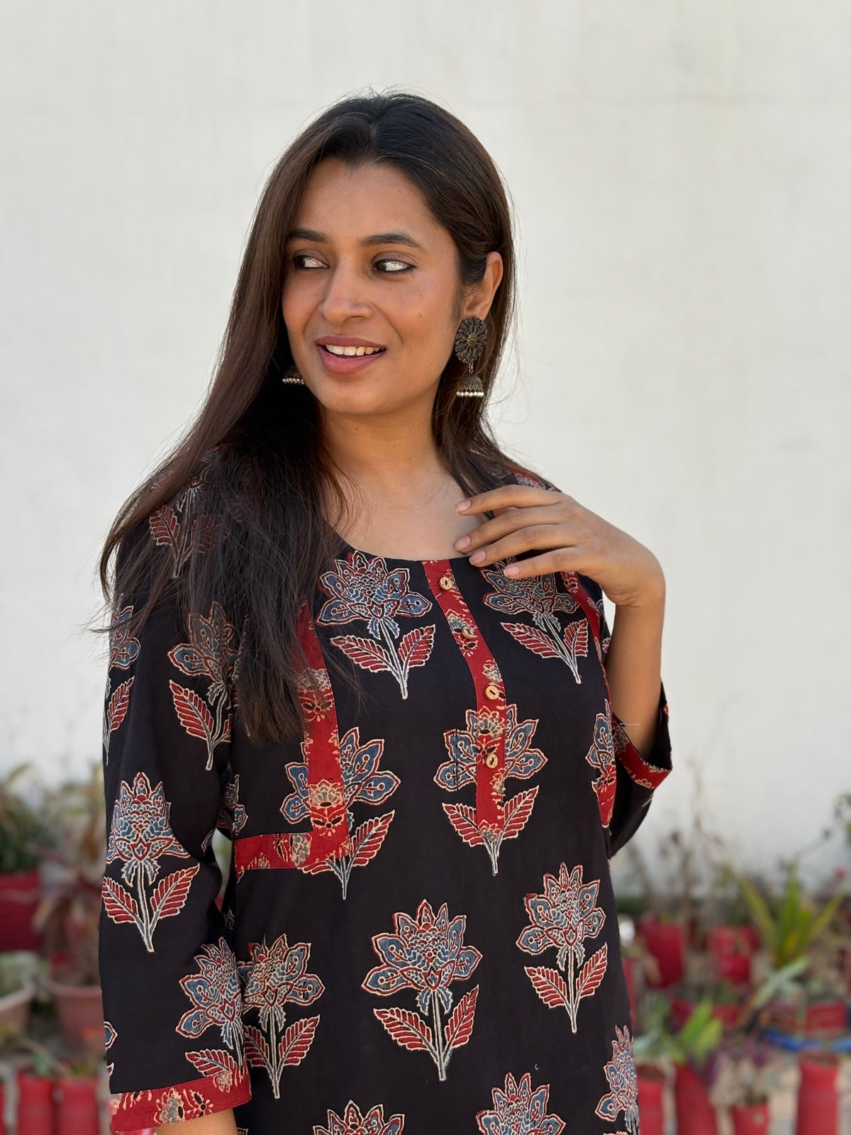 Shakti Ajrakh Hand Block Printed Cotton Kurta | Red | KanthaIndia