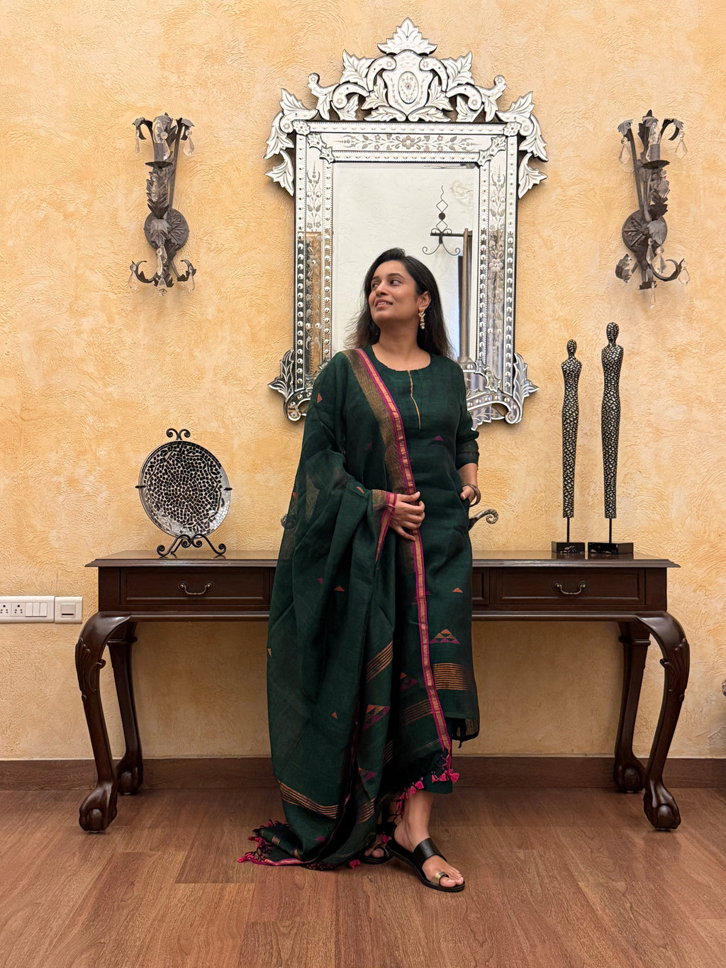 Peacock Green Jamdani Linen Suit Set
