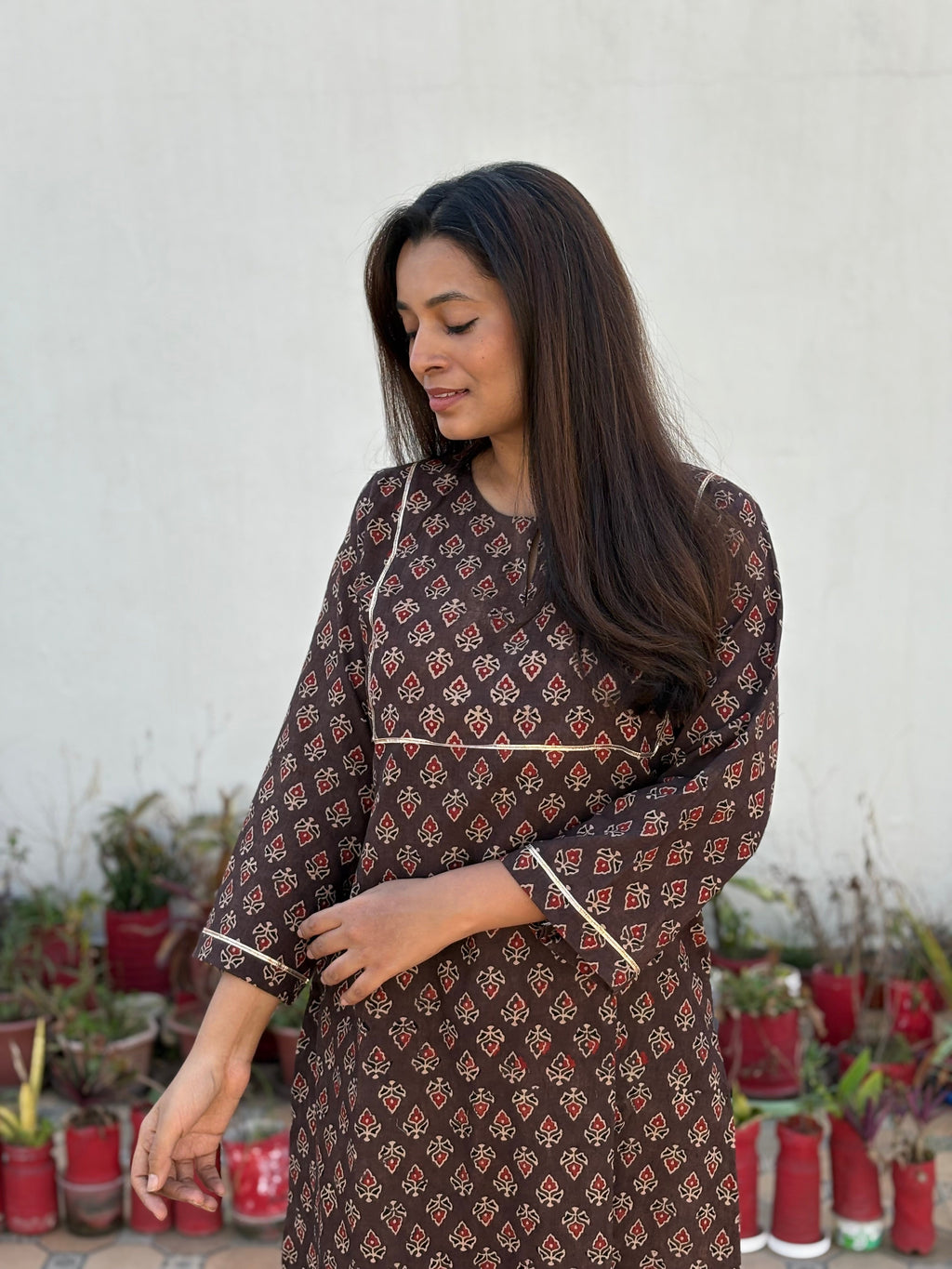 Prithvi Ajrakh Hand Block Printed Cotton Kurta | Earthy Brown | KanthaIndia