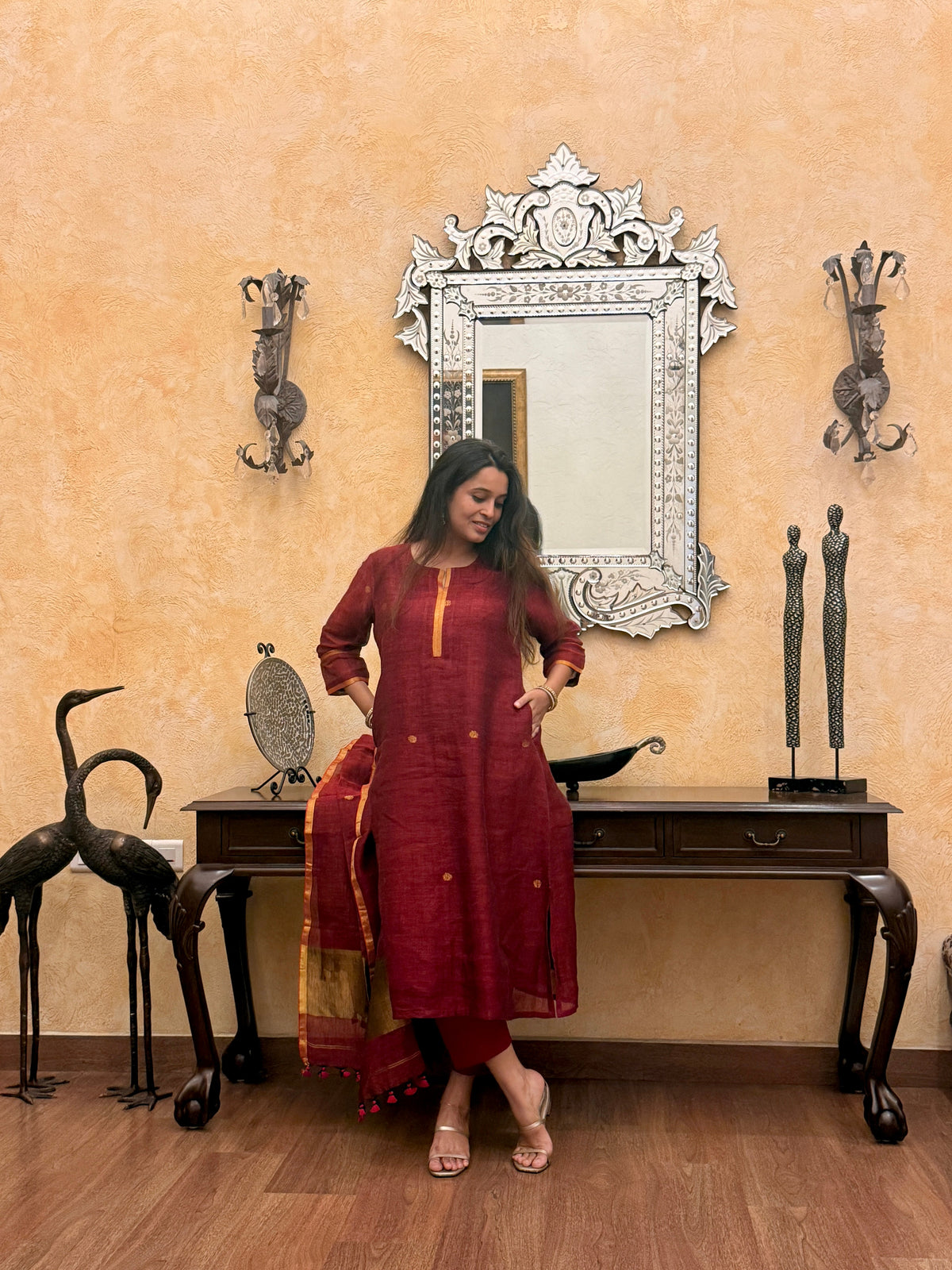 Shanti Red Jamdani Linen Dupatta Suit Set