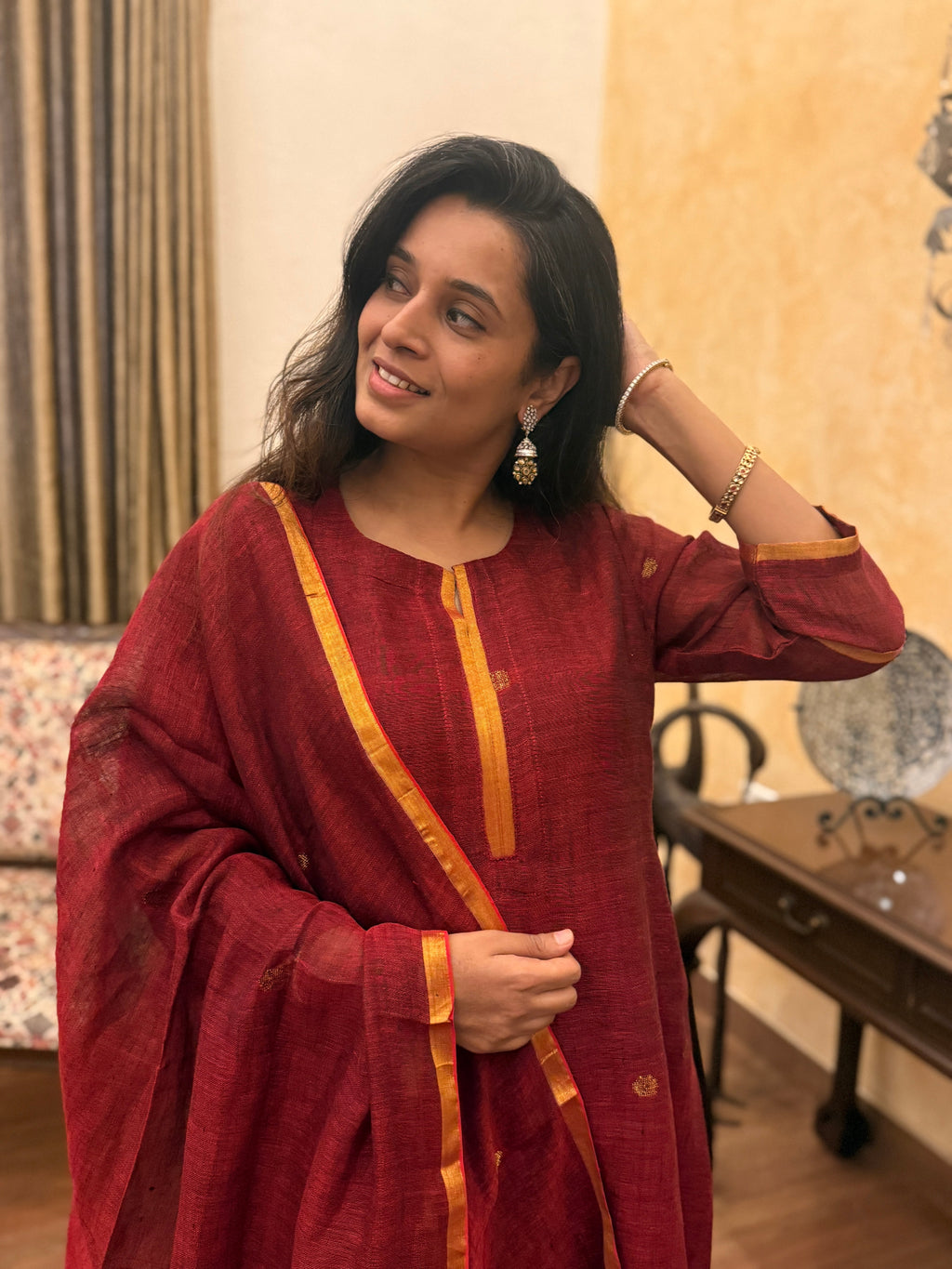 Shanti Red Jamdani Linen Dupatta Suit Set