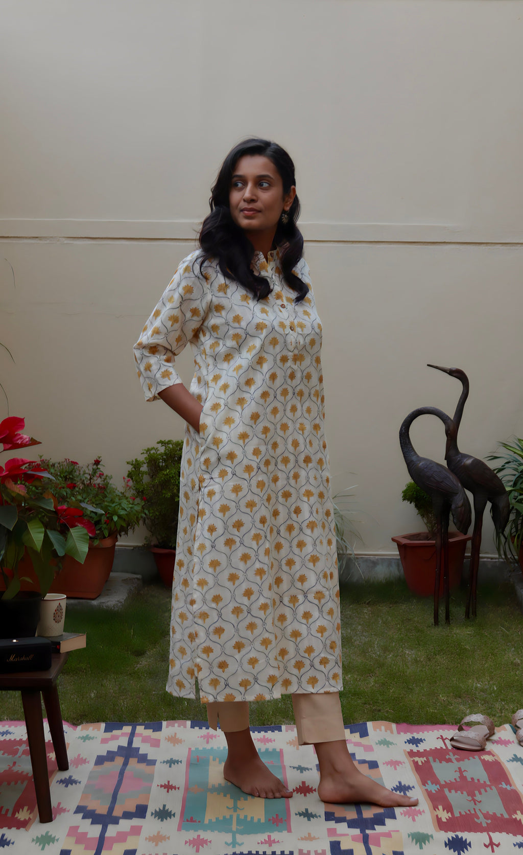 Yellow Floral Cotton Kurti | Pure Cotton | KanthaIndia