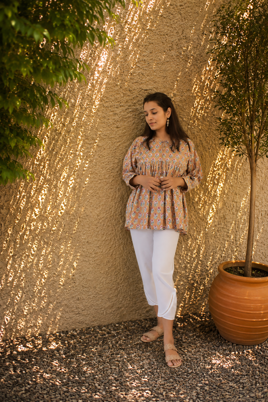 Beige Hand Block Printed Cotton Short Top