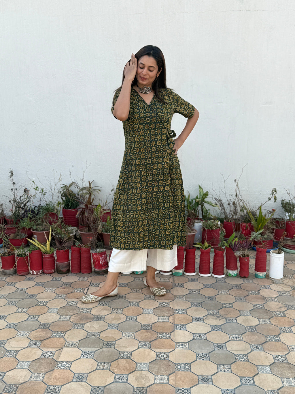 Harini Ajrakh Hand Block Printed Wrap Kurta | Green | KanthaIndia