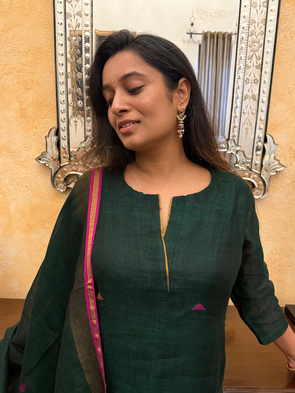 Peacock Green Jamdani Linen Suit Set