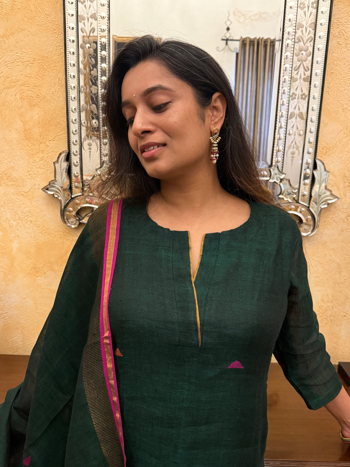Peacock Green Jamdani Linen Suit Set
