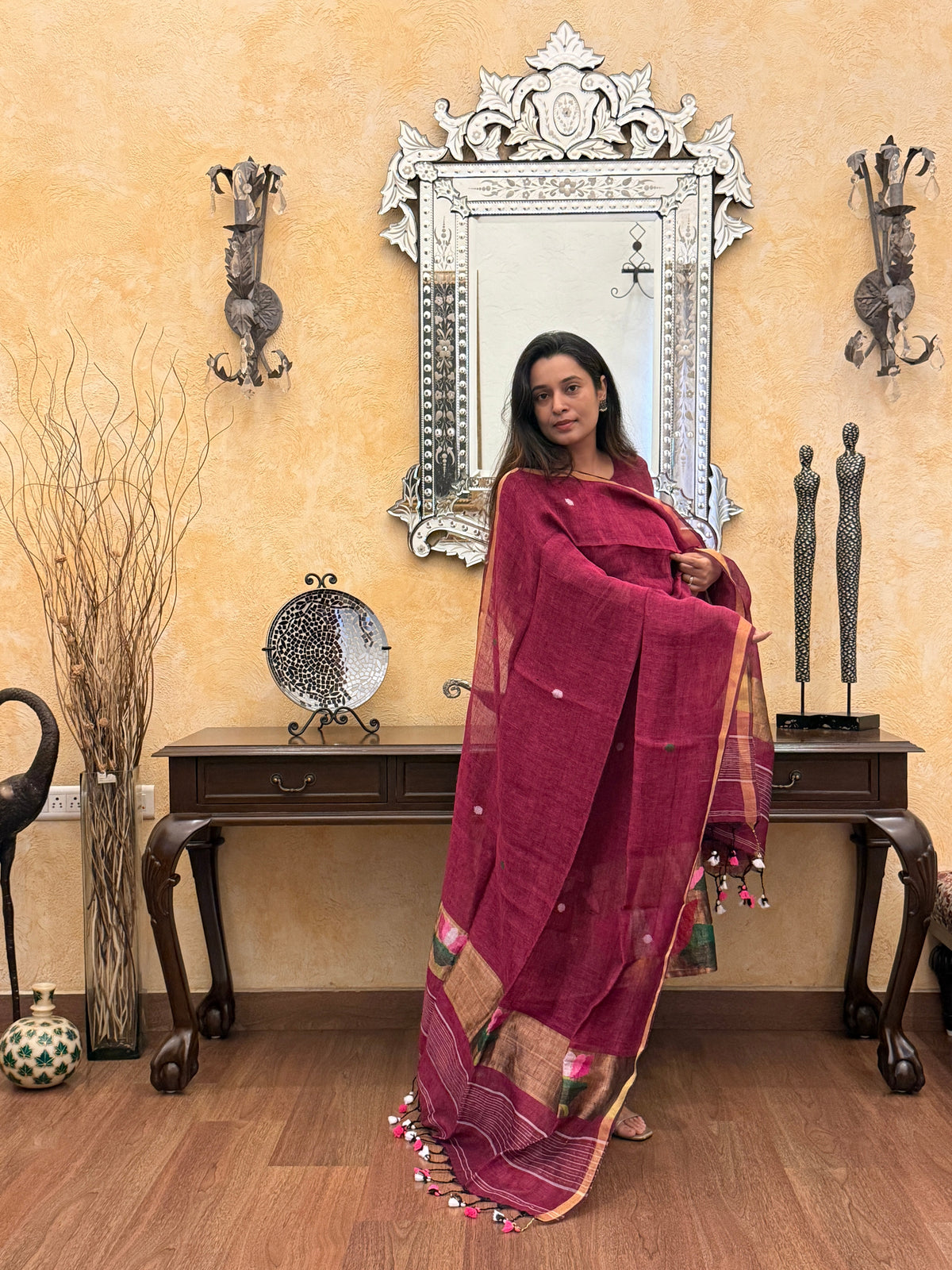 Antara Maroon Jamdani Paithani Unstitched Fabric Set