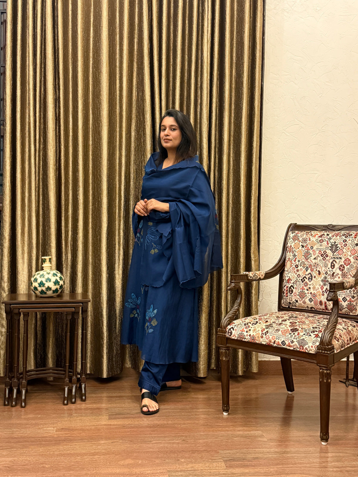 Prussian Blue Floral Appliqué Mul Chanderi Kurta Set
